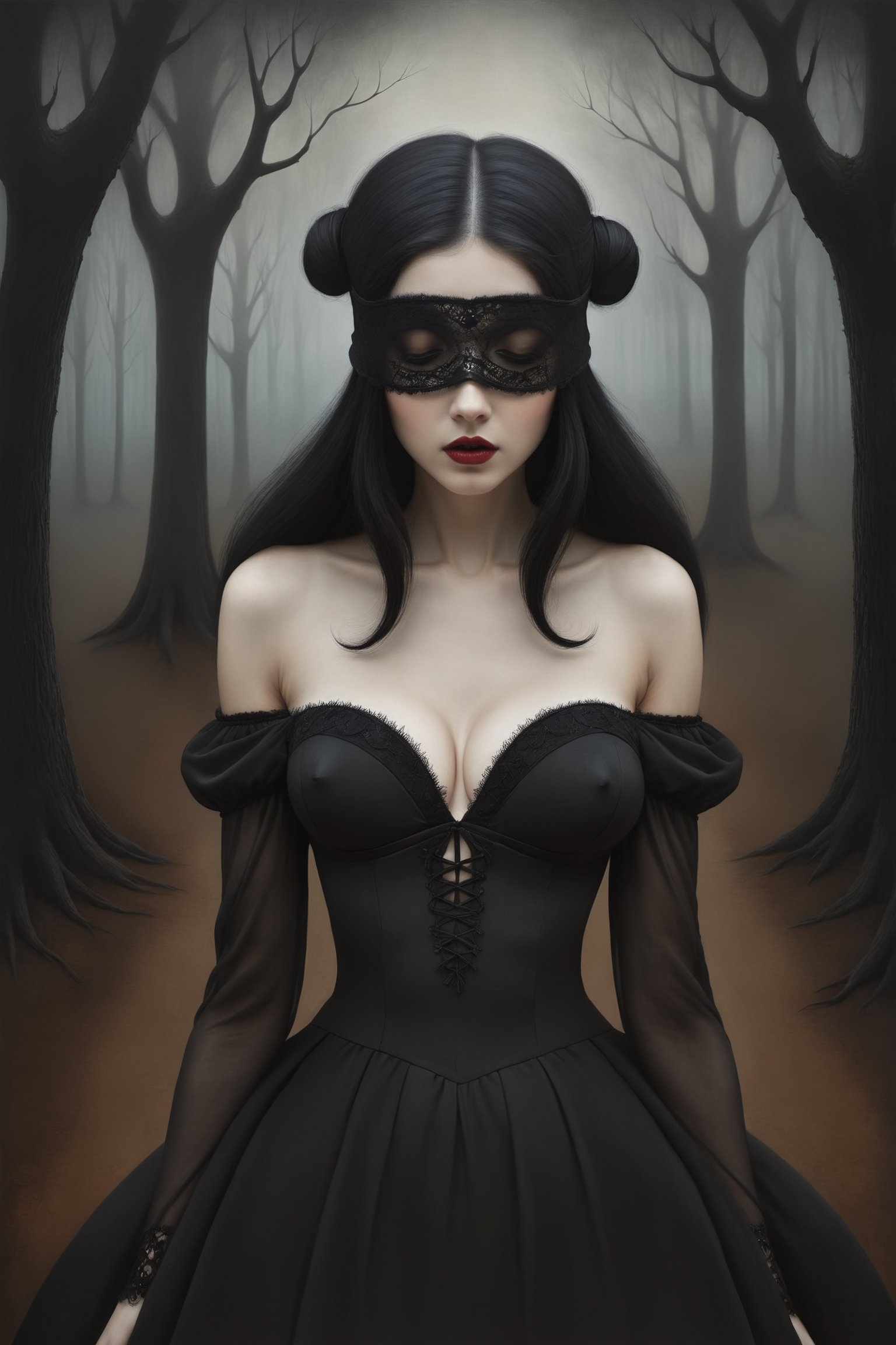 Painting in art style of Nicoletta Ceccoli, Daria Petrilli and Anton Semenov, minimalist style. Painting of a beautiful girl with black rococo style hair, in a dark sinister forest. closeup, large breasts cleavage, off the shoulder long black sheer dress with lace detail, feeling of forboding, creepy, eerie, goth person, Lace Blindfold