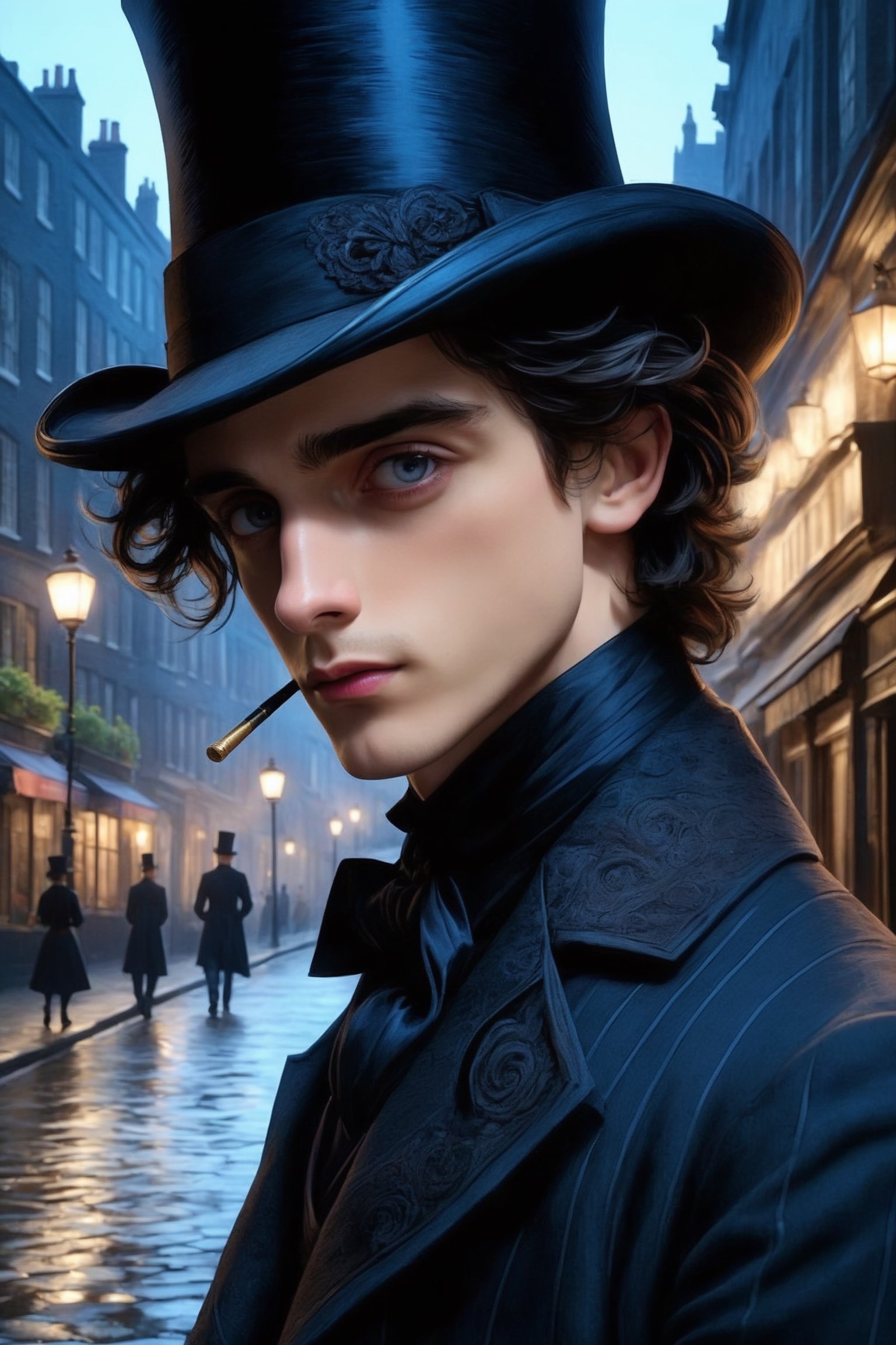 Timothée Chalamet, (Masterpiece, Best quality), (exterior night, image of a man, thin with very marked cheekbones, an aquiline nose and penetrating gray eyes, wearing elegant Victorian-era clothing, black clothes, a very dark gray top hat, outside at night on the street of old London) (finely detailed eyes), (finely detailed eyes and detailed face), (Extremely detailed CG, Ultra detailed, Best shadow), Beautiful conceptual illustration, full body, (illustration), (extremely fine and detailed), (Perfect details), (Depth of field)