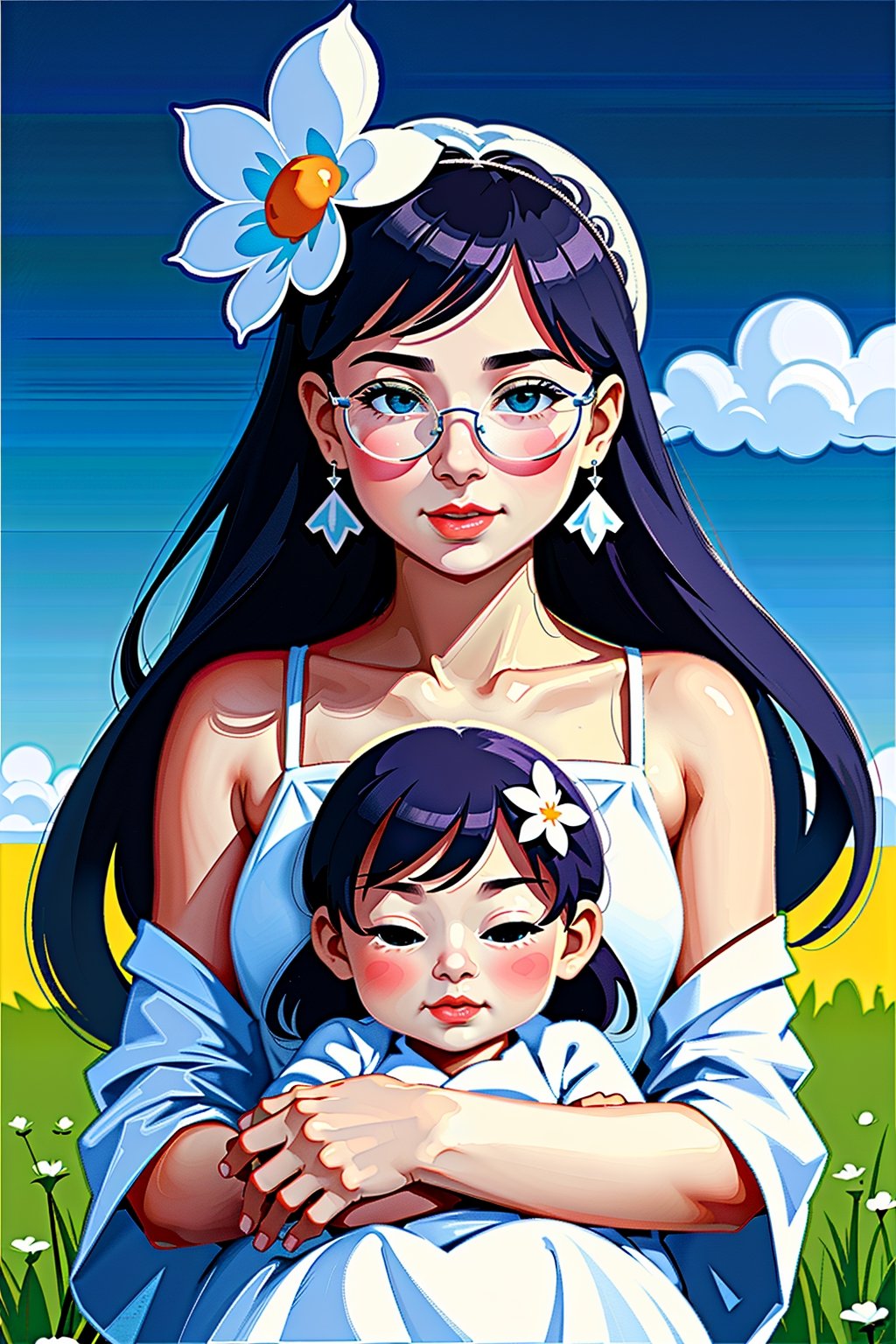 Shadow flat vector art, masterpiece, best quality, portrait, asian face mother hugging baby, white dress, hair flower, flower field, glasses, blue sky, noon, sun warmth, earrings, film light, intricate details, illustration, intricate eyes , perfect face, happy, high resolution, cozy, warm, full of love, tenderness, 8K
