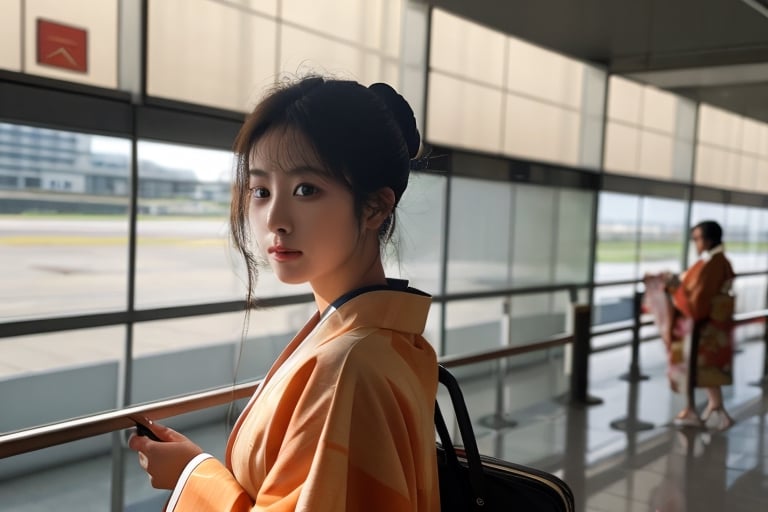 20 years old woman,light orange color kimono, airport,focus on face