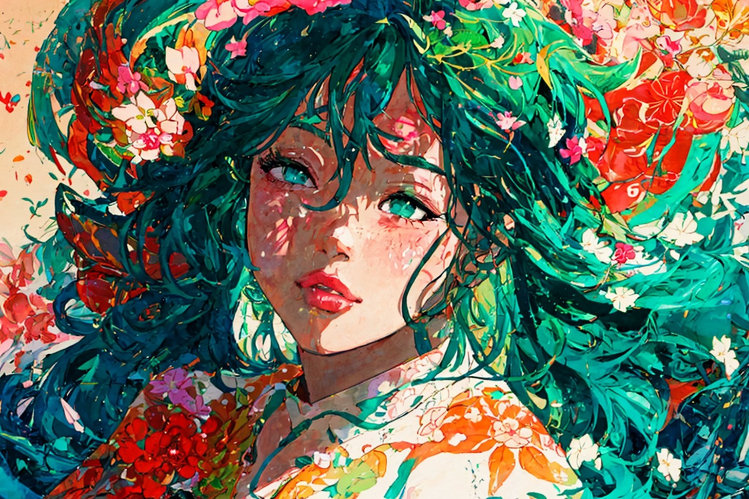 Official Art, Unity 8K Wallpaper, Extreme Detailed, Beautiful and Aesthetic, Masterpiece, Top Quality, perfect anatomy, 

woman, flower dress, colorful, dark background,flower armor,green theme,exposure blend, medium shot, bokeh, (hdr:1.4), high contrast, (cinematic, teal and orange:0.85), (muted colors, dim colors, soothing tones:1.3), low saturation,

a beautifully drawn (((ink illustration))) depicting, vintage, orange and teal accents, watercolor painting, concept art, (best illustration), (best shadow), Analog Color Theme, vivid colours, contrast, smooth, sharp focus, scenery, 

(Pencil_Sketch:1.2,masterpiece, midjourney, best quality, incredibly absurdres, messy lines,high detail eyes,More Detail,perfect light,portrait, ,more detail XL,Ukiyo-e,Kemono