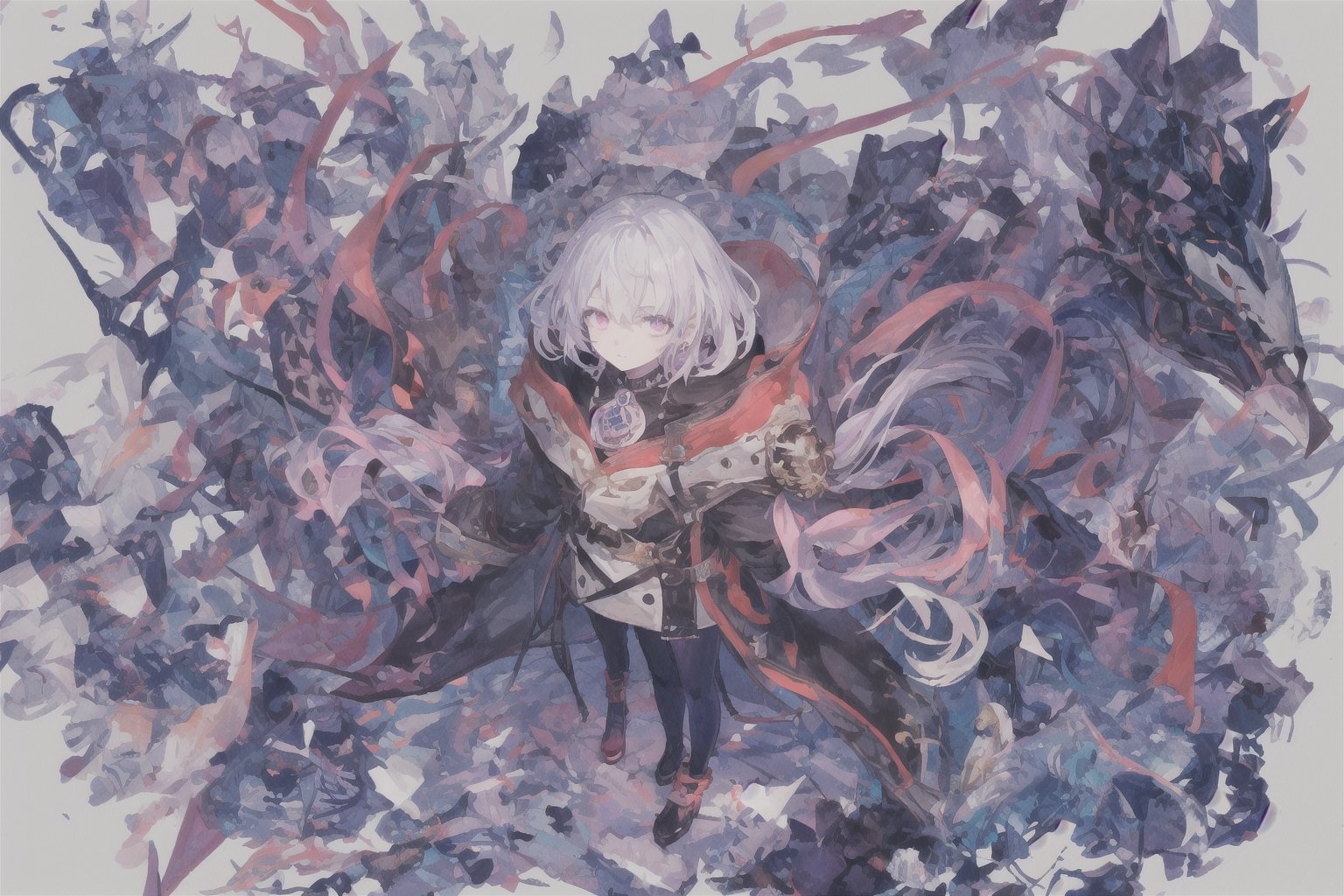 Official Art, Unity 8K Wallpaper, Extreme Detailed, Beautiful and Aesthetic, Masterpiece, Top Quality, perfect anatomy, 

1girl, solo, looking at viewer, short hair, bangs, long sleeves, 1boy, jewelry, closed mouth, standing, purple eyes, jacket, full body, white hair, multicolored hair, earrings, pants, hood, pink eyes, black footwear, coat, sleeves past wrists, from above, hood down, magenta theme, candy rain, 

a beautifully drawn (((ink illustration))) depicting, vintage, purple and yellow accents, watercolor painting, concept art, (best illustration), (best shadow), Analog Color Theme, vivid colours, contrast, smooth, sharp focus, scenery, 

(Pencil_Sketch:1.2,masterpiece, midjourney, best quality, incredibly absurdres, messy lines,high detail eyes,More Detail,perfect light,portrait, 