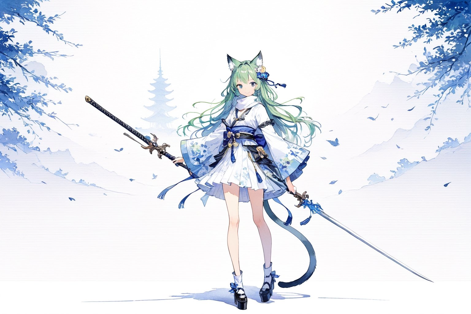 Official Art, Unity 8K Wallpaper, Extreme Detailed, Beautiful and Aesthetic, Masterpiece, Top Quality, perfect anatomy, 

1girl, solo, long hair, looking at viewer, blush, smile, bangs, blue eyes, hair ornament, long sleeves, bow, holding, animal ears, jewelry, closed mouth, standing, tail, full body, weapon, flower, white hair, earrings, japanese clothes, sword, cat ears, hair flower, wide sleeves, kimono, scarf, black footwear, holding weapon, animal ear fluff, bell, animal, cat, tassel, platform footwear, Blue-green theme, 

a beautifully drawn (((ink illustration))) depicting, vintage, PURPLE and YELLOW accents, watercolor painting, concept art, (best illustration), (best shadow), Analog Color Theme, vivid colours, contrast, smooth, sharp focus, scenery, 

(Pencil_Sketch:1.2,masterpiece, midjourney, best quality, incredibly absurdres, messy lines,high detail eyes, 