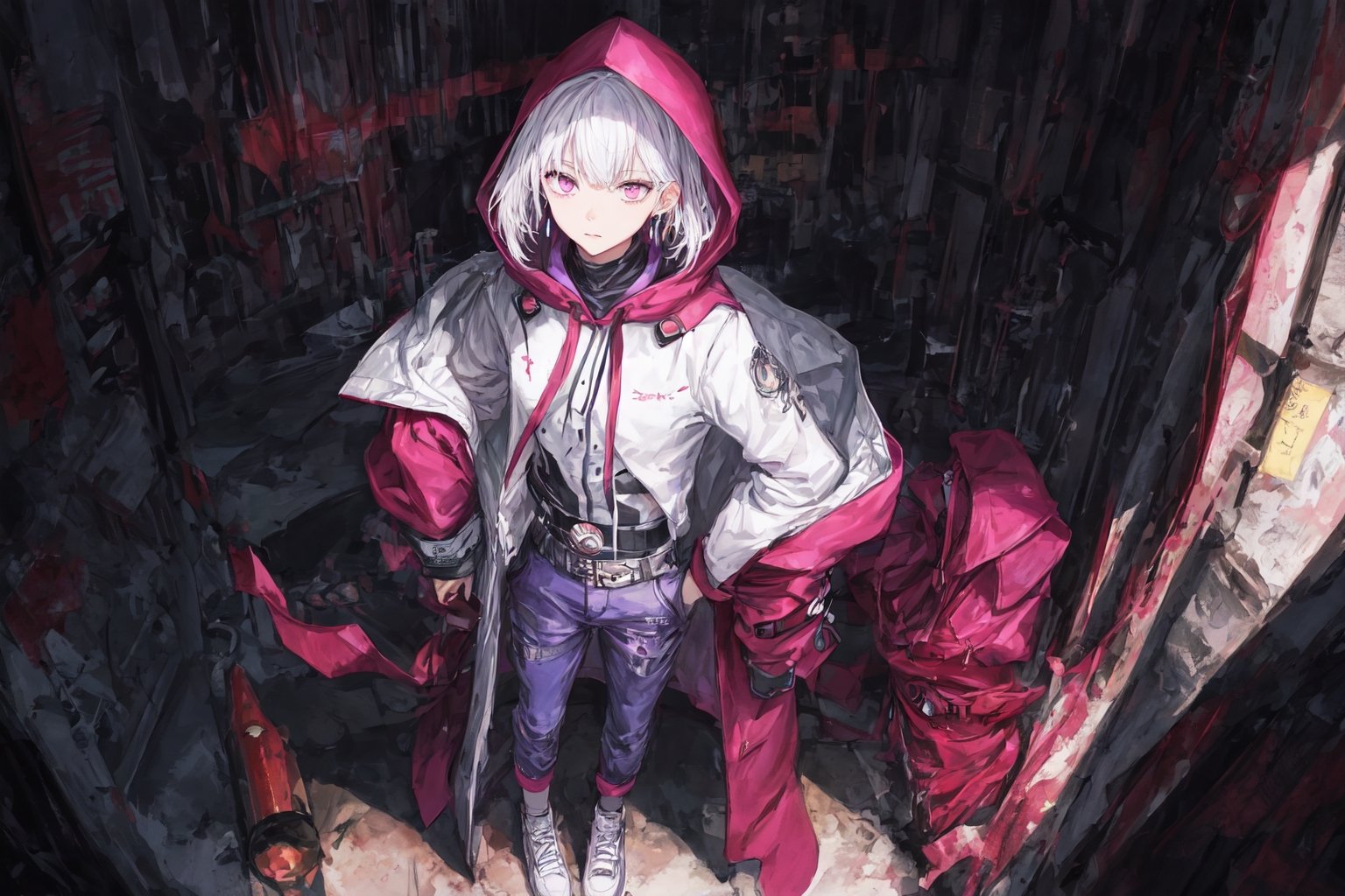 Official Art, Unity 8K Wallpaper, Extreme Detailed, Beautiful and Aesthetic, Masterpiece, Top Quality, perfect anatomy, 

solo, looking at viewer, short hair, bangs, long sleeves, 1boy, jewelry, closed mouth, standing, purple eyes, jacket, full body, white hair, multicolored hair, earrings, pants, hood, pink eyes, black footwear, coat, sleeves past wrists, from above, hood down, magenta theme, candy rain, 

a beautifully drawn (((ink illustration))) depicting, vintage, purple and yellow accents, watercolor painting, concept art, (best illustration), (best shadow), Analog Color Theme, vivid colours, contrast, smooth, sharp focus, scenery, 

(Pencil_Sketch:1.2,masterpiece, midjourney, best quality, incredibly absurdres, messy lines,high detail eyes,More Detail,perfect light,portrait, 