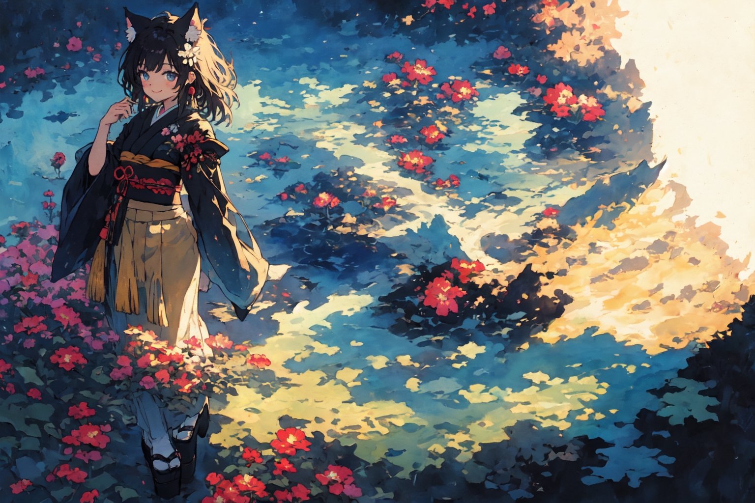 Official Art, Unity 8K Wallpaper, Extreme Detailed, Beautiful and Aesthetic, Masterpiece, Top Quality, perfect anatomy, 

1girl, solo, long hair, looking at viewer, blush, smile, bangs, blue eyes, hair ornament, long sleeves, bow, holding, animal ears, jewelry, closed mouth, standing, tail, full body, weapon, flower, white hair, earrings, japanese clothes, sword, cat ears, hair flower, wide sleeves, kimono, scarf, black footwear, holding weapon, animal ear fluff, bell, animal, cat, tassel, platform footwear, Blue-green theme, 

a beautifully drawn (((ink illustration))) depicting, vintage, PURPLE and YELLOW accents, watercolor painting, concept art, (best illustration), (best shadow), Analog Color Theme, vivid colours, contrast, smooth, sharp focus, scenery, 

(Pencil_Sketch:1.2,masterpiece, midjourney, best quality, incredibly absurdres, messy lines,high detail eyes