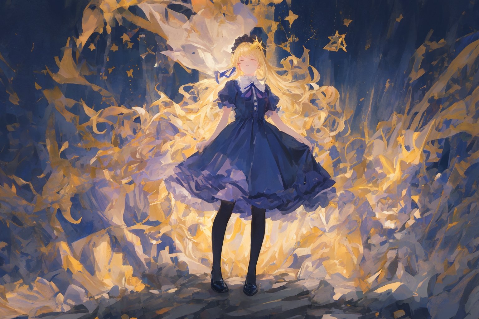Official Art, Unity 8K Wallpaper, Extreme Detailed, Beautiful and Aesthetic, Masterpiece, Top Quality, perfect anatomy, 

1girl, solo, long hair, bangs, blonde hair, dress, bow, ribbon, holding, jewelry, standing, full body, closed eyes, pantyhose, frills, shoes, blunt bangs, star \(symbol\), blue dress, umbrella, moon, frilled dress, crescent, star \(sky\), lolita fashion, holding umbrella, petticoat, crescent moon, bonnet, constellation, blue theme,

a beautifully drawn (((ink illustration))) depicting, vintage, indigo and purple accents, watercolor painting, concept art, (best illustration), (best shadow), Analog Color Theme, vivid colours, contrast, smooth, sharp focus, scenery, 

(Pencil_Sketch:1.2,masterpiece, midjourney, best quality, incredibly absurdres, messy lines,high detail eyes,More Detail,perfect light,portrait, ,more detail XL, 