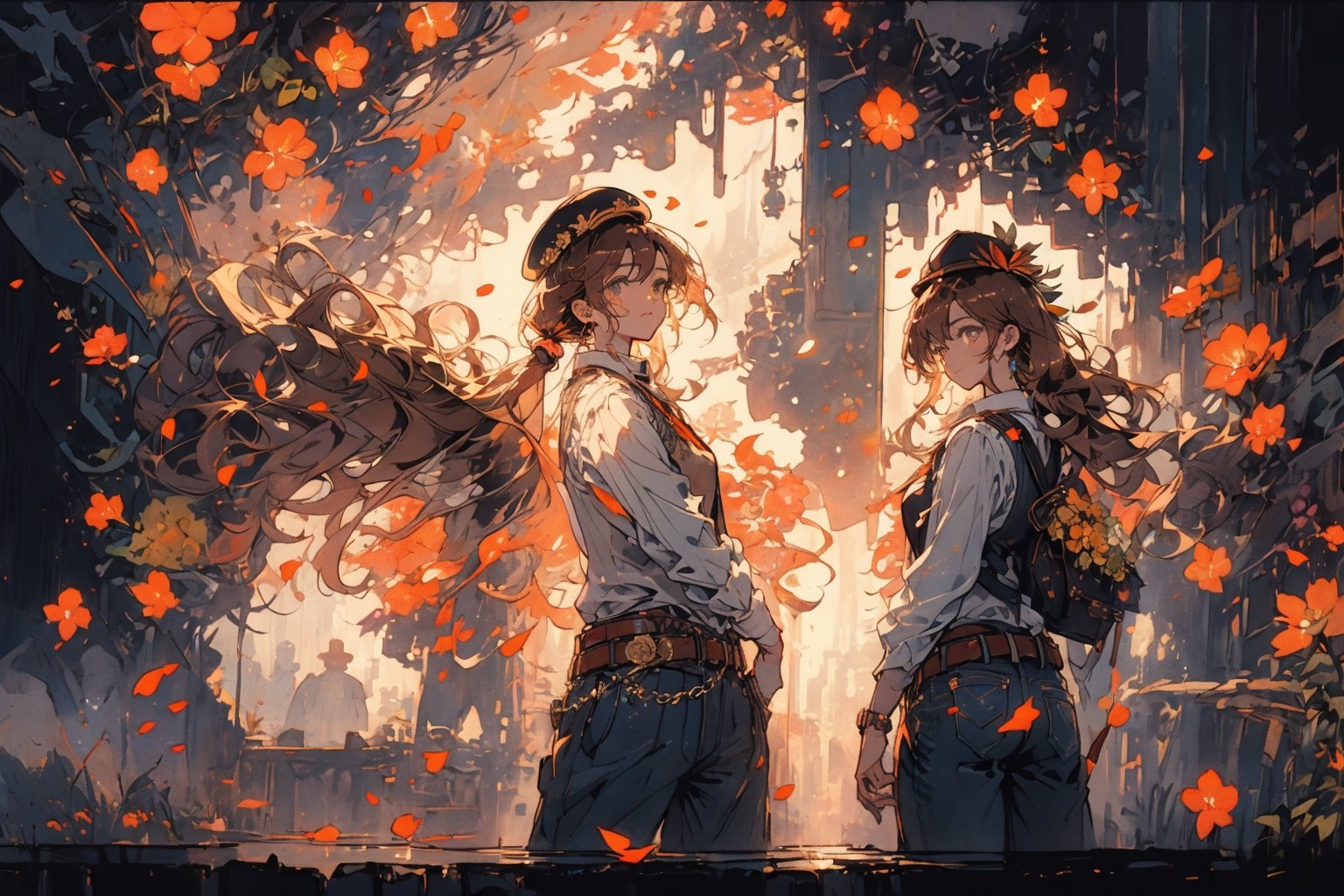 Official Art, Unity 8K Wallpaper, Extreme Detailed, Beautiful and Aesthetic, Masterpiece, Top Quality, perfect anatomy, 

1girl, solo, long hair, brown hair, hat, twintails, weapon, belt, pants, vest, gun, denim, handgun, cigarette, cowboy hat, revolver, cowboy western, flower, sky, cloud, book, petals, red flower, ground vehicle, yellow flower, orange flower, Kentucky, USA, 1horse, galloping, fruity notes, apple, caramel, gold leaf, rattling wheels, fragrant paint, carrot-colored saddle,

a beautifully drawn (((ink illustration))) depicting, vintage, PURPLE and YELLOW accents, watercolor painting, concept art, (best illustration), (best shadow), Analog Color Theme, vivid colours, contrast, smooth, sharp focus, scenery, 

(Pencil_Sketch:1.2,masterpiece, midjourney, best quality, incredibly absurdres, messy lines,high detail eyes