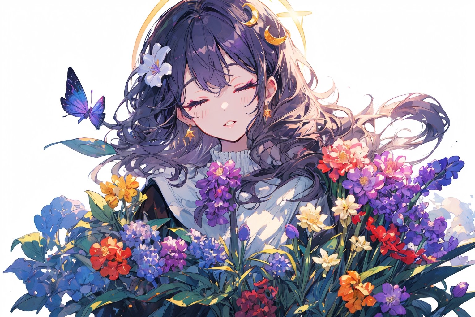 Official Art, Unity 8K Wallpaper, Extreme Detailed, Beautiful and Aesthetic, Masterpiece, Top Quality, perfect anatomy, 

1girl, solo, long hair, bangs, hair ornament, dress, jewelry, closed eyes, upper body, purple hair, flower, earrings, parted lips, hair flower, head tilt, book, eyelashes, makeup, blue theme, halo, white flower, crescent, facing viewer, book stack, hyacinth, star_(sky), 

a beautifully drawn (((ink illustration))) depicting, vintage, PURPLE and YELLOW accents, watercolor painting, concept art, (best illustration), (best shadow), Analog Color Theme, vivid colours, contrast, smooth, sharp focus, scenery, 

(Pencil_Sketch:1.2,masterpiece, midjourney, best quality, incredibly absurdres, messy lines,high detail eyes,More Detail,perfect light,portrait, 