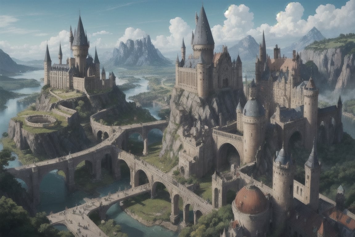 In the enchanting realm of the Wizarding World of Harry Potter, a breathtakingly magical land unfolds before our eyes. This extraordinary image, captured in a meticulously crafted painting, showcases a sprawling landscape rich with vibrant colors and fantastical elements. Majestic castles and bustling streets fill the scene, bustling with both wizards and enchanting creatures. Evoking a sense of awe and wonder, this stunning artwork effortlessly transports viewers into the extraordinary world of Harry Potter, where imagination knows no bounds,(best quality,insertNameHere