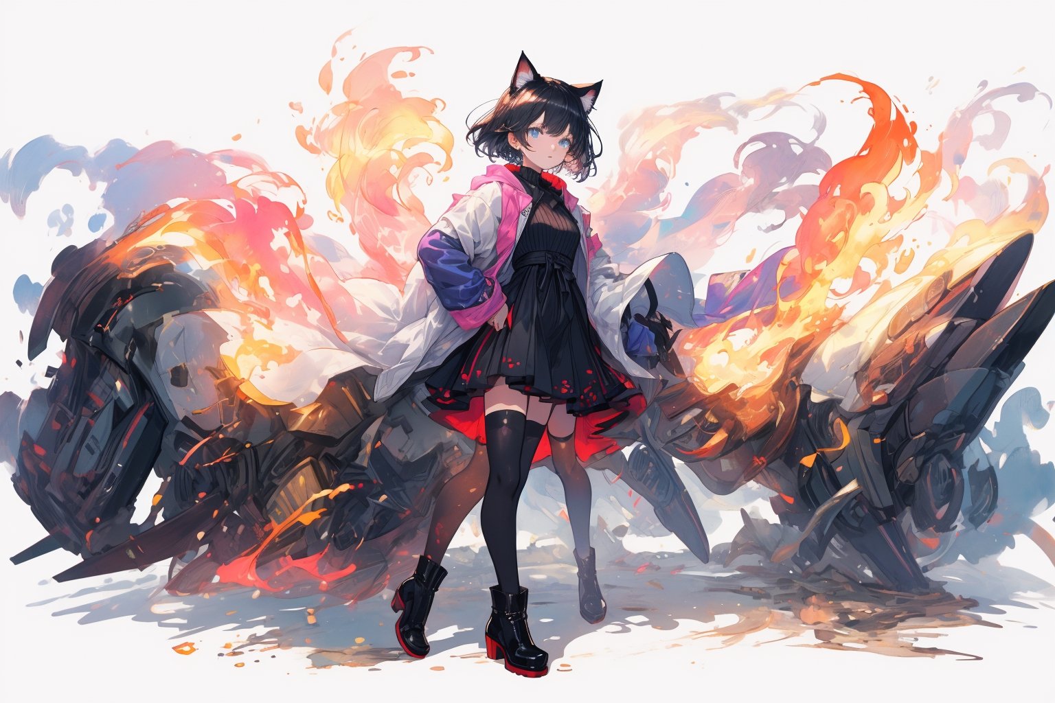 Official Art, Unity 8K Wallpaper, Extreme Detailed, Beautiful and Aesthetic, Masterpiece, Top Quality, perfect anatomy, 

1girl, solo, looking at viewer, short hair, bangs, blue eyes, black hair, thighhighs, long sleeves, dress, animal ears, standing, jacket, tail, full body, boots, black thighhighs, cat ears, black footwear, black dress, cat tail, hand on hip, shadow, pink theme, blue jacket, flames, 

a beautifully drawn (((ink illustration))) depicting, vintage, purple and yellow accents, watercolor painting, concept art, (best illustration), (best shadow), Analog Color Theme, vivid colours, contrast, smooth, sharp focus, scenery, 

(Pencil_Sketch:1.2,masterpiece, midjourney, best quality, incredibly absurdres, messy lines,high detail eyes,More Detail,perfect light,portrait, ,more detail XL,Ukiyo-e, ,ink