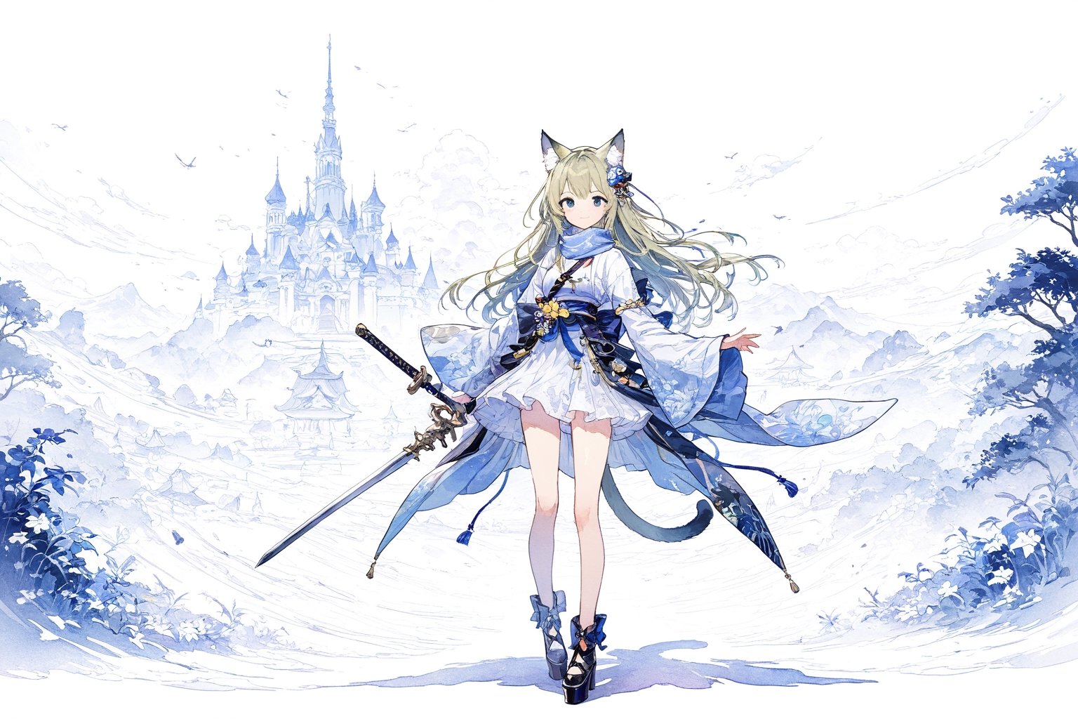 Official Art, Unity 8K Wallpaper, Extreme Detailed, Beautiful and Aesthetic, Masterpiece, Top Quality, perfect anatomy, 

1girl, solo, long hair, looking at viewer, blush, smile, bangs, blue eyes, hair ornament, long sleeves, bow, holding, animal ears, jewelry, closed mouth, standing, tail, full body, weapon, flower, white hair, earrings, japanese clothes, sword, cat ears, hair flower, wide sleeves, kimono, scarf, black footwear, holding weapon, animal ear fluff, bell, animal, cat, tassel, platform footwear, Blue-green theme, 

a beautifully drawn (((ink illustration))) depicting, vintage, PURPLE and YELLOW accents, watercolor painting, concept art, (best illustration), (best shadow), Analog Color Theme, vivid colours, contrast, smooth, sharp focus, scenery, 

(Pencil_Sketch:1.2,masterpiece, midjourney, best quality, incredibly absurdres, messy lines,high detail eyes, 