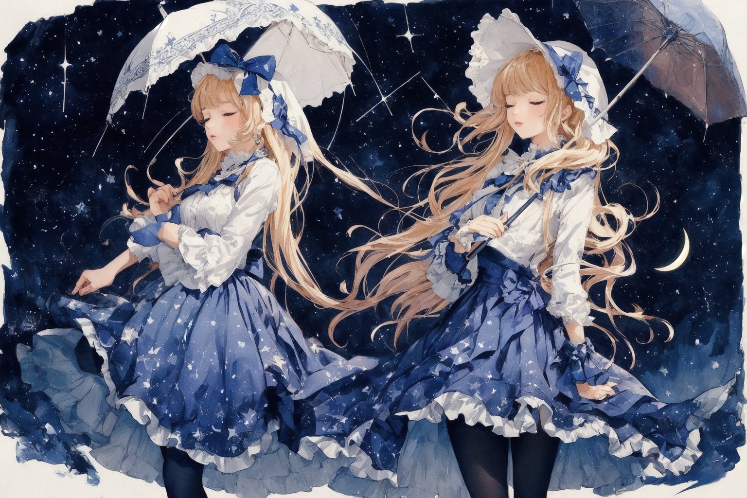 Official Art, Unity 8K Wallpaper, Extreme Detailed, Beautiful and Aesthetic, Masterpiece, Top Quality, perfect anatomy, 

1girl, solo, long hair, bangs, blonde hair, dress, bow, ribbon, holding, jewelry, standing, full body, closed eyes, pantyhose, frills, shoes, blunt bangs, star \(symbol\), blue dress, umbrella, moon, frilled dress, crescent, star \(sky\), lolita fashion, holding umbrella, petticoat, crescent moon, bonnet, constellation, blue theme,

a beautifully drawn (((ink illustration))) depicting, vintage, indigo and purple accents, watercolor painting, concept art, (best illustration), (best shadow), Analog Color Theme, vivid colours, contrast, smooth, sharp focus, scenery, 

(Pencil_Sketch:1.2,masterpiece, midjourney, best quality, incredibly absurdres, messy lines,high detail eyes,More Detail,perfect light,portrait, ,more detail XL, 