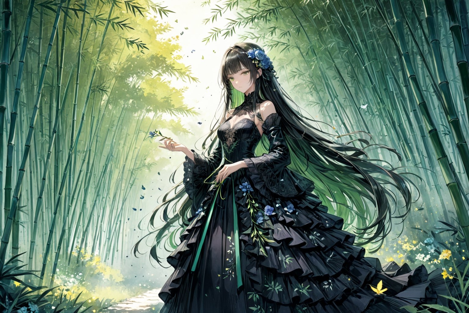 Official Art, Unity 8K Wallpaper, Extreme Detailed, Beautiful and Aesthetic, Masterpiece, Top Quality, perfect anatomy, 

1girl, solo, long hair, bangs, hair ornament, long sleeves, dress, very long hair, flower, frills, hair flower, wide sleeves, blunt bangs, black dress, floral print, absurdly long hair, green theme, green ribbon, bamboo forest, falling leaves

a beautifully drawn (((ink illustration))) depicting, vintage, PURPLE and YELLOW accents, watercolor painting, concept art, (best illustration), (best shadow), Analog Color Theme, vivid colours, contrast, smooth, sharp focus, scenery, 

(Pencil_Sketch:1.2,masterpiece, midjourney, best quality, incredibly absurdres, messy lines,high detail eyes,More Detail,perfect light,portrait, ,more detail XL