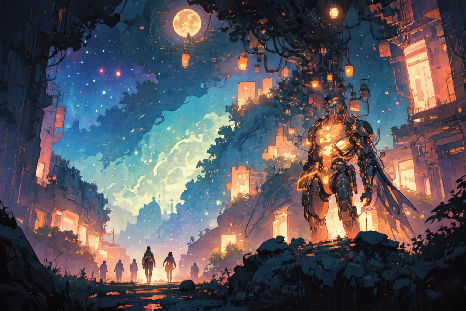 Official Art, Unity 8K Wallpaper, Extreme Detailed, Beautiful and Aesthetic, Masterpiece, Top Quality, perfect anatomy, 

In a mesmerizing cyberpunk realm, a futuristic android warrior stands tall amidst neon-lit skyscrapers and holographic signs, her metallic exoskeleton gleaming with intricate patterns and glowing circuits, the lunar augmented binary tree sits atop a mossy rock in a lush forest clearing, A celestial gondola drifts gracefully through a dreamlike galaxy with a snow leopard sit on ,

a beautifully drawn (((ink illustration))) depicting, vintage, PURPLE and BLUE accents, watercolor painting, concept art, (best illustration), (best shadow), Analog Color Theme, vivid colours, contrast, smooth, sharp focus, scenery, 

(Pencil_Sketch:1.2,masterpiece,midjourney, best quality, , messy lines,incredibly absurdres