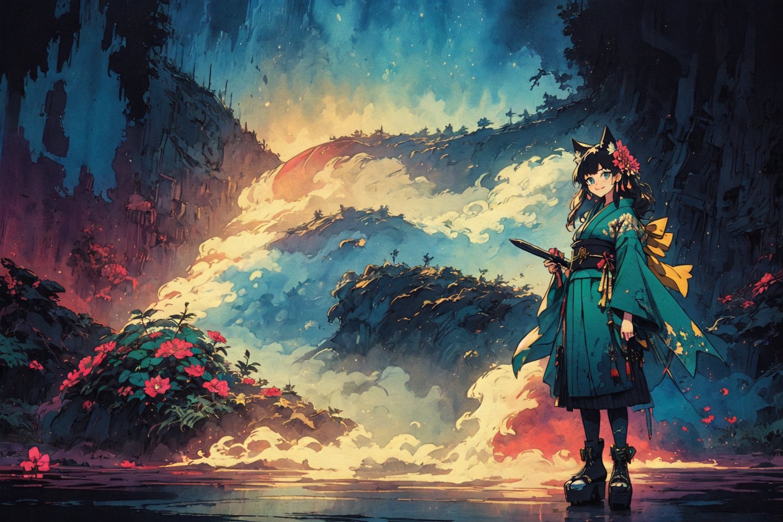 Official Art, Unity 8K Wallpaper, Extreme Detailed, Beautiful and Aesthetic, Masterpiece, Top Quality, perfect anatomy, 

1girl, solo, long hair, looking at viewer, blush, smile, bangs, blue eyes, hair ornament, long sleeves, bow, holding, animal ears, jewelry, closed mouth, standing, tail, full body, weapon, flower, white hair, earrings, japanese clothes, sword, cat ears, hair flower, wide sleeves, kimono, scarf, black footwear, holding weapon, animal ear fluff, bell, animal, cat, tassel, platform footwear, Blue-green theme, 

a beautifully drawn (((ink illustration))) depicting, vintage, PURPLE and YELLOW accents, watercolor painting, concept art, (best illustration), (best shadow), Analog Color Theme, vivid colours, contrast, smooth, sharp focus, scenery, 

(Pencil_Sketch:1.2,masterpiece, midjourney, best quality, incredibly absurdres, messy lines,high detail eyes