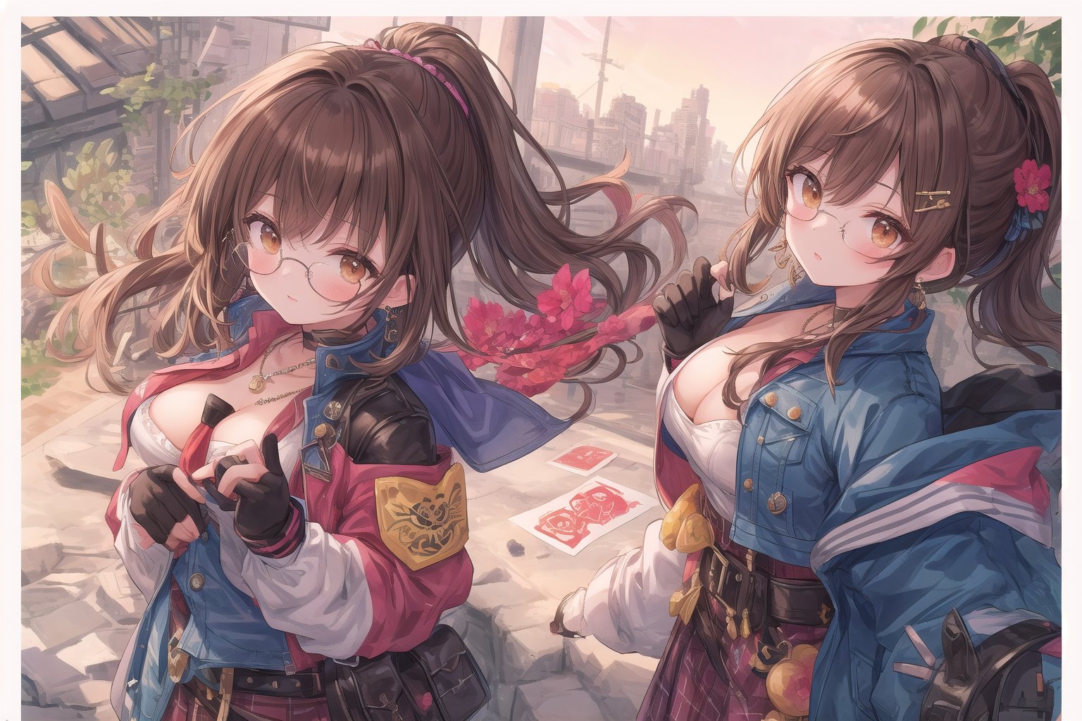 Official Art, Unity 8K Wallpaper, Extreme Detailed, Beautiful and Aesthetic, Masterpiece, Top Quality, perfect anatomy, 

1girl, solo, long hair, large breasts, brown hair, hair ornament, long sleeves, cleavage, brown eyes, jewelry, ponytail, earrings, open clothes, dark brown gloves, belt, fingerless gloves, open jacket, magenta dress, sunglasses, cropped jacket, eyewear removed, Desert flannel, velvet flower, gigolo, floral notes, desert rose, benzoin, ebony, Melbourne, electronic pet machine, dark brown leather motorcycle jacket, silver-plated friendship necklace, megaphone, outdoors, 

a beautifully drawn (((ink illustration))) depicting, vintage, indigo and pink accents, watercolor painting, concept art, (best illustration), (best shadow), Analog Color Theme, vivid colours, contrast, smooth, sharp focus, scenery, 

(Pencil_Sketch:1.2,masterpiece, midjourney, best quality, incredibly absurdres, messy lines,high detail eyes,More Detail,perfect light,portrait, ,more detail XL,Ukiyo-e, ,ink,colorful,