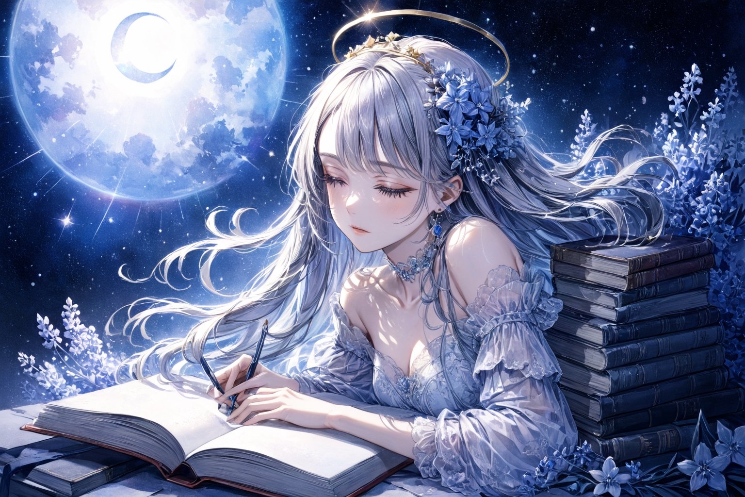 Official Art, Unity 8K Wallpaper, Extreme Detailed, Beautiful and Aesthetic, Masterpiece, Top Quality, perfect anatomy, 

1girl, solo, long hair, bangs, hair ornament, dress, jewelry, closed eyes, upper body, purple hair, flower, earrings, parted lips, hair flower, head tilt, book, eyelashes, makeup, blue theme, halo, white flower, crescent, facing viewer, book stack, hyacinth, star_(sky), 

a beautifully drawn (((ink illustration))) depicting, vintage, PURPLE and YELLOW accents, watercolor painting, concept art, (best illustration), (best shadow), Analog Color Theme, vivid colours, contrast, smooth, sharp focus, scenery, 

(Pencil_Sketch:1.2,masterpiece, midjourney, best quality, incredibly absurdres, messy lines,high detail eyes,More Detail,perfect light,portrait, 