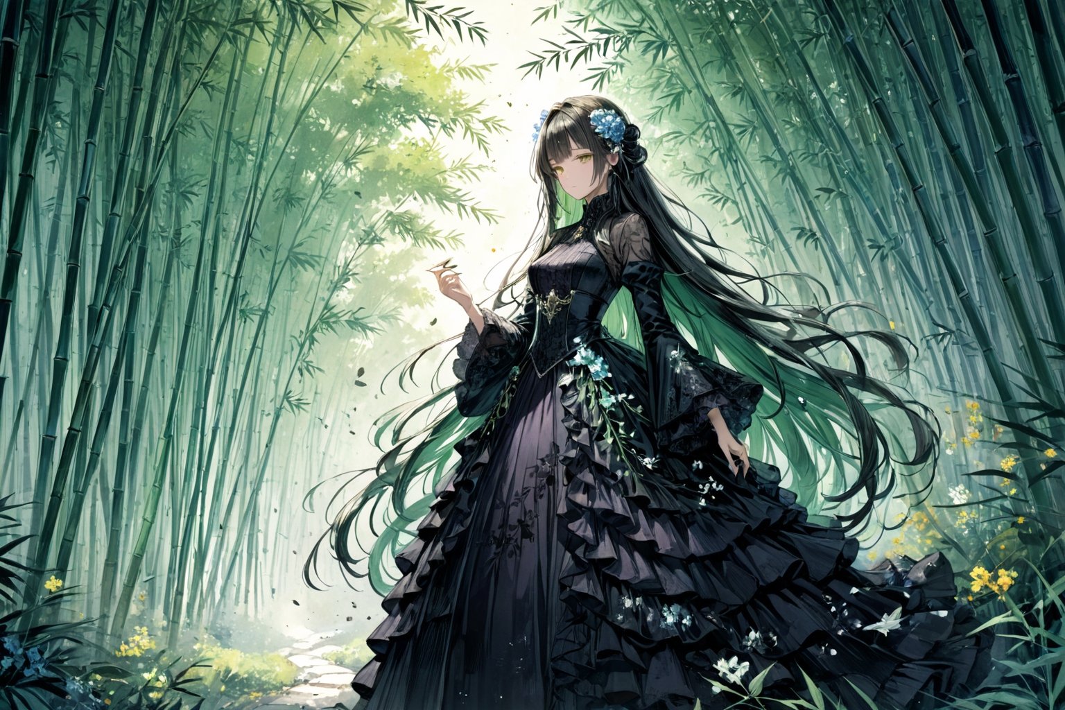 Official Art, Unity 8K Wallpaper, Extreme Detailed, Beautiful and Aesthetic, Masterpiece, Top Quality, perfect anatomy, 

1girl, solo, long hair, bangs, hair ornament, long sleeves, dress, very long hair, flower, frills, hair flower, wide sleeves, blunt bangs, black dress, floral print, absurdly long hair, green theme, green ribbon, bamboo forest, falling leaves

a beautifully drawn (((ink illustration))) depicting, vintage, PURPLE and YELLOW accents, watercolor painting, concept art, (best illustration), (best shadow), Analog Color Theme, vivid colours, contrast, smooth, sharp focus, scenery, 

(Pencil_Sketch:1.2,masterpiece, midjourney, best quality, incredibly absurdres, messy lines,high detail eyes,More Detail,perfect light,portrait, ,more detail XL