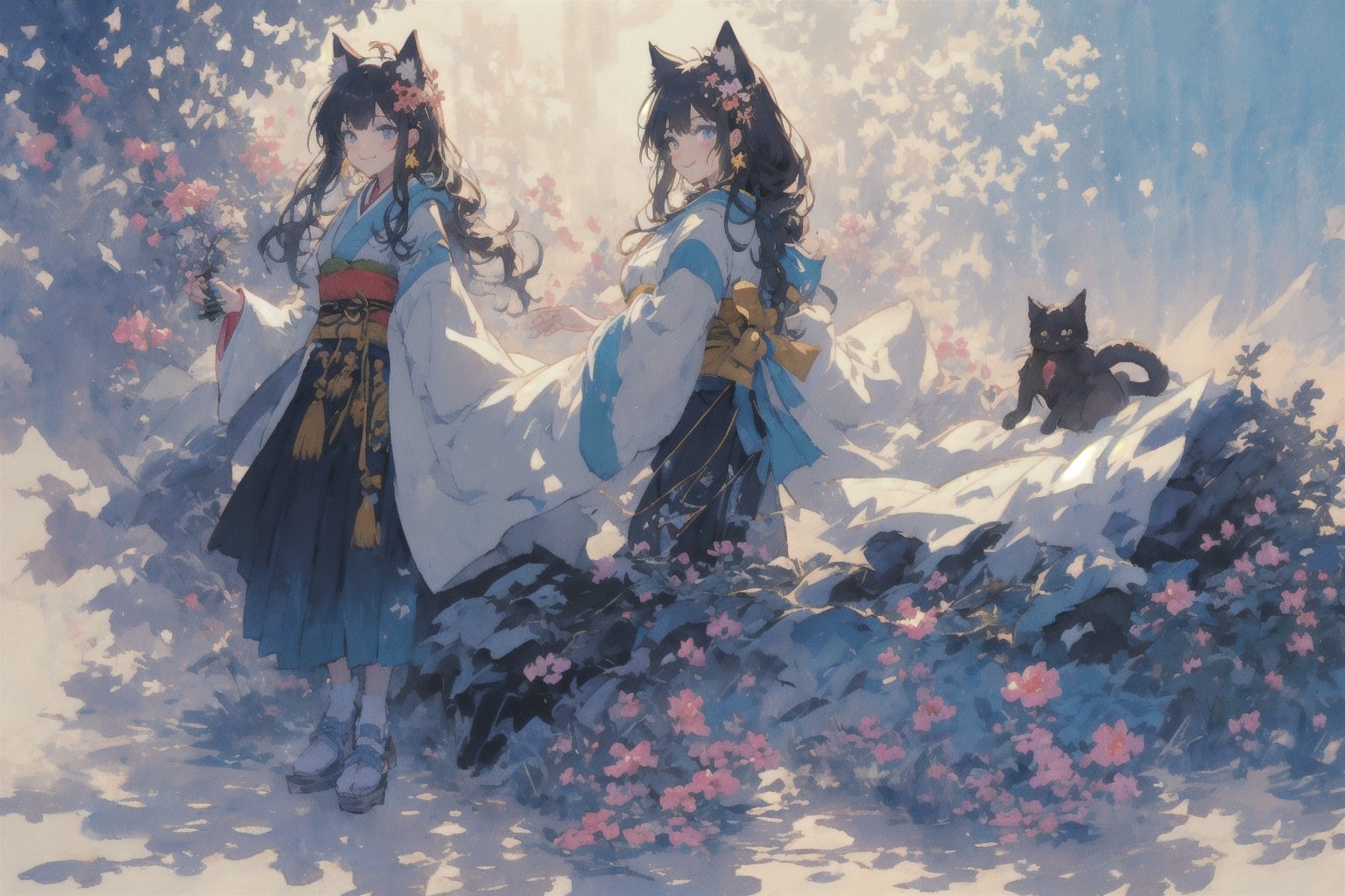 Official Art, Unity 8K Wallpaper, Extreme Detailed, Beautiful and Aesthetic, Masterpiece, Top Quality, perfect anatomy, 

1girl, solo, long hair, looking at viewer, blush, smile, bangs, blue eyes, hair ornament, long sleeves, bow, holding, animal ears, jewelry, closed mouth, standing, tail, full body, weapon, flower, white hair, earrings, japanese clothes, sword, cat ears, hair flower, wide sleeves, kimono, scarf, black footwear, holding weapon, animal ear fluff, bell, animal, cat, tassel, platform footwear, Blue-green theme, 

a beautifully drawn (((ink illustration))) depicting, vintage, PURPLE and YELLOW accents, watercolor painting, concept art, (best illustration), (best shadow), Analog Color Theme, vivid colours, contrast, smooth, sharp focus, scenery, 

(Pencil_Sketch:1.2,masterpiece, midjourney, best quality, incredibly absurdres, messy lines,high detail eyes