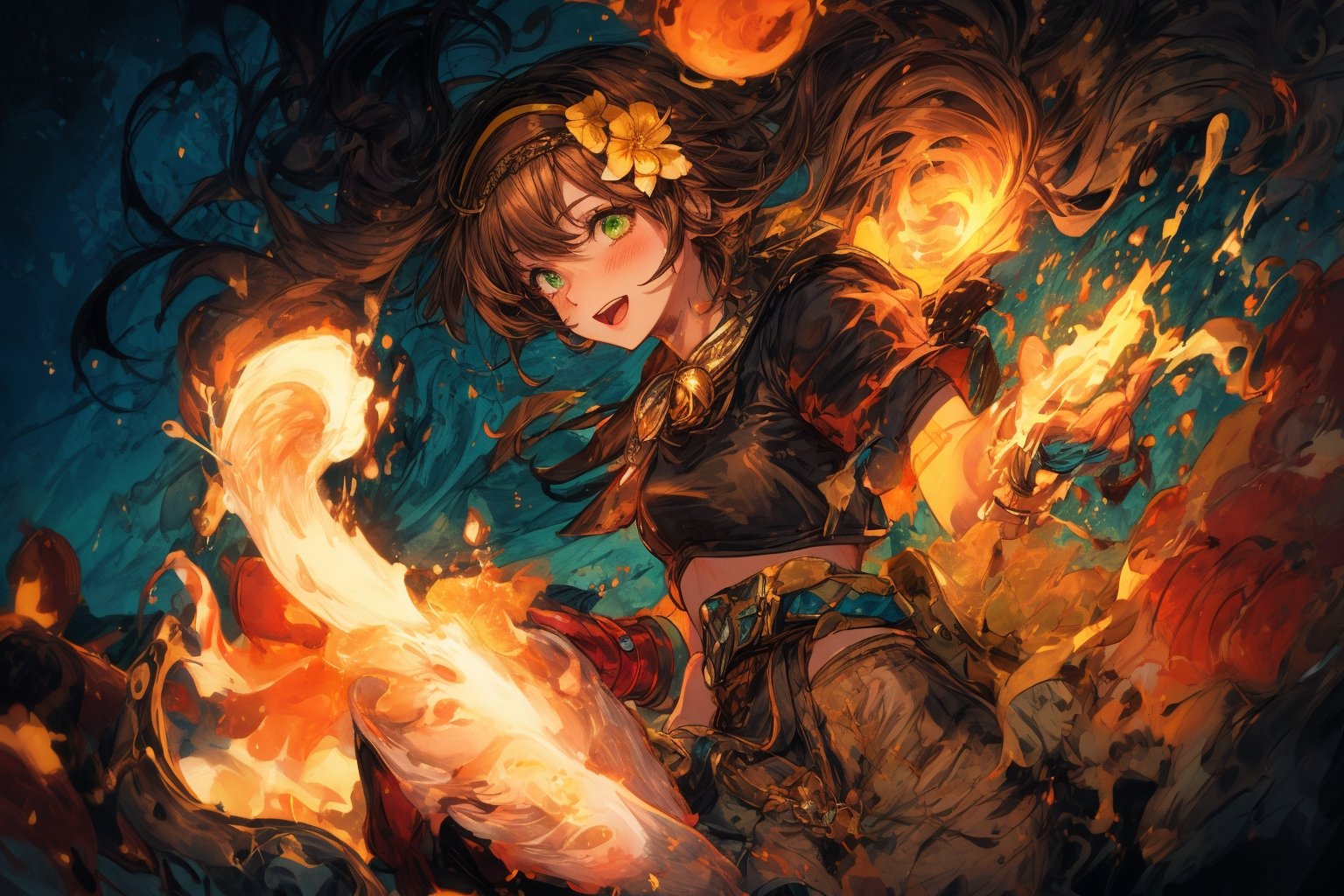 Official Art, Unity 8K Wallpaper, Extreme Detailed, Beautiful and Aesthetic, Masterpiece, Top Quality, perfect anatomy, 

1girl, solo, smile, short hair, open mouth, bangs, skirt, brown hair, black hair, hair ornament, holding, jewelry, green eyes, standing, braid, flower, hairband, outdoors, midriff, hair flower, cape, from side, blue skirt, night, fire, torch, wristband, bandaid, long skirt, holding torch, railing, blush, short sleeves, hairclip, hair bun, crop top, denim, clothes around waist, Spathodea, Melbourne, Victoria, Commonwealth of Australia, hook, fluttering bird, reincarnation, gourmet flavor, milk, caramel, bell pepper, cardamom, curious eyes, championship belt, brown leather gloves, orange theme, arena,

a beautifully drawn (((ink illustration))) depicting, vintage, green and yellow accents, watercolor painting, concept art, (best illustration), (best shadow), Analog Color Theme, vivid colours, contrast, smooth, sharp focus, scenery, 

(Pencil_Sketch:1.2,masterpiece, midjourney, best quality, incredibly absurdres, messy lines,high detail eyes,More Detail,perfect light,portrait, 
