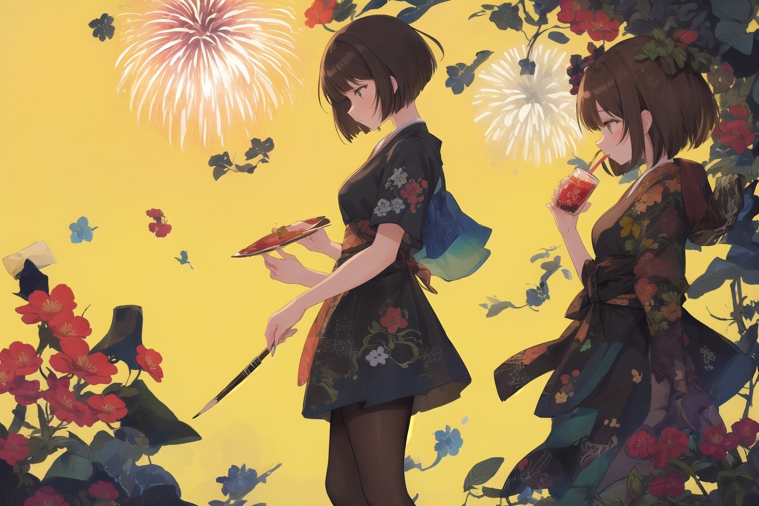 Official Art, Unity 8K Wallpaper, Extreme Detailed, Beautiful and Aesthetic, Masterpiece, Top Quality, perfect anatomy, 

1girl, solo, short hair, dress, standing, flower, short sleeves, pantyhose, high heels, cup, profile, floral print, bob cut, yellow background, drinking, yellow theme, 
Open air bar, fireworks, 

a beautifully drawn (((ink illustration))) depicting, vintage, pink and brown accents, watercolor painting, concept art, (best illustration), (best shadow), Analog Color Theme, vivid colours, contrast, smooth, sharp focus, scenery, 

(Pencil_Sketch:1.2,masterpiece, midjourney, best quality, incredibly absurdres, messy lines,high detail eyes,More Detail,perfect light,portrait, ,more detail XL,Ukiyo-e, ,ink