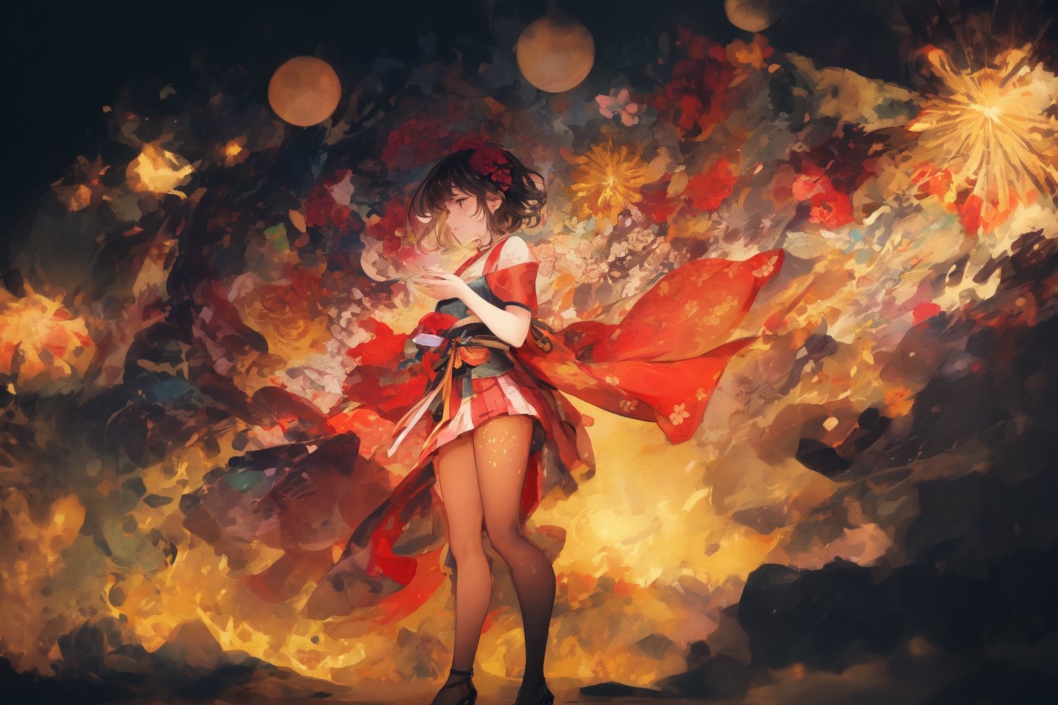 Official Art, Unity 8K Wallpaper, Extreme Detailed, Beautiful and Aesthetic, Masterpiece, Top Quality, perfect anatomy, 

1girl, solo, short hair, dress, standing, flower, short sleeves, pantyhose, high heels, cup, profile, floral print, bob cut, yellow background, drinking, yellow theme, 
Open air bar, fireworks, 

a beautifully drawn (((ink illustration))) depicting, vintage, pink and brown accents, watercolor painting, concept art, (best illustration), (best shadow), Analog Color Theme, vivid colours, contrast, smooth, sharp focus, scenery, 

(Pencil_Sketch:1.2,masterpiece, midjourney, best quality, incredibly absurdres, messy lines,high detail eyes,More Detail,perfect light,portrait, ,more detail XL,Ukiyo-e, ,ink