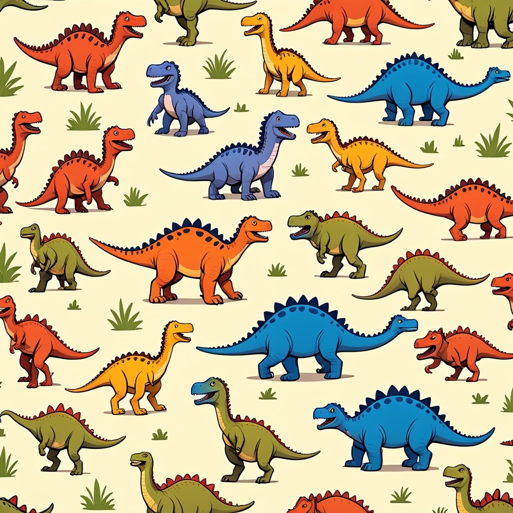 Generate a vibrant step and repeat pattern design inspired by children's book illustrations, featuring an assortment of playful kids and dinosaurs. Each child and dinosaur should exhibit unique characteristics and expressions, with a variety of poses and interactions to add charm and visual interest. Use a lively color palette reminiscent of classic children's book artwork, including bright primaries and soft pastels.

Arrange the children and dinosaurs in a seamless step and repeat pattern across the surface, ensuring a balanced composition with equal spacing between each character. Experiment with different orientations and arrangements to create a dynamic and engaging design.

Incorporate elements of whimsy and imagination, such as children riding dinosaurs, playing games, or exploring fantastical landscapes together. Maintain a consistent style throughout the pattern to ensure coherence and unity.

Consider adding subtle textures or patterns in the background to enhance depth and visual richness. Aim for a design that evokes joy and wonder, suitable for children's products, decor, and apparel.

The final pattern should be captivating and delightful, inviting viewers of all ages to explore its playful scenes and characters.