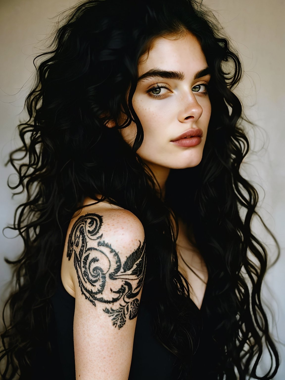 Best quality, masterpiece, super high resolution, (realism: 1.4), face , tattoos ((, black curly hair, long hair)) , pale skin, bedhead, goth, happy 