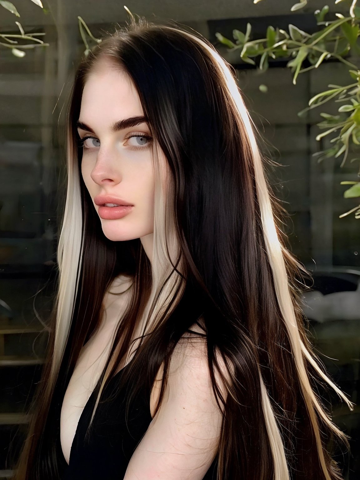 Best quality, masterpiece, super high resolution, (realism: 1.4), face ,  ((, black straight  hair, long hair)) , ((pale skin)) , bedhead