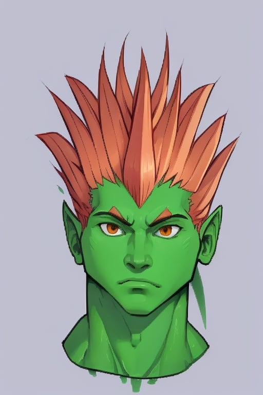 rostro de ogro de fantasia guerrero, piel verde, cabello naranja y de puntas, buena anatomia y proporcion. ,High detailed ,Beautiful