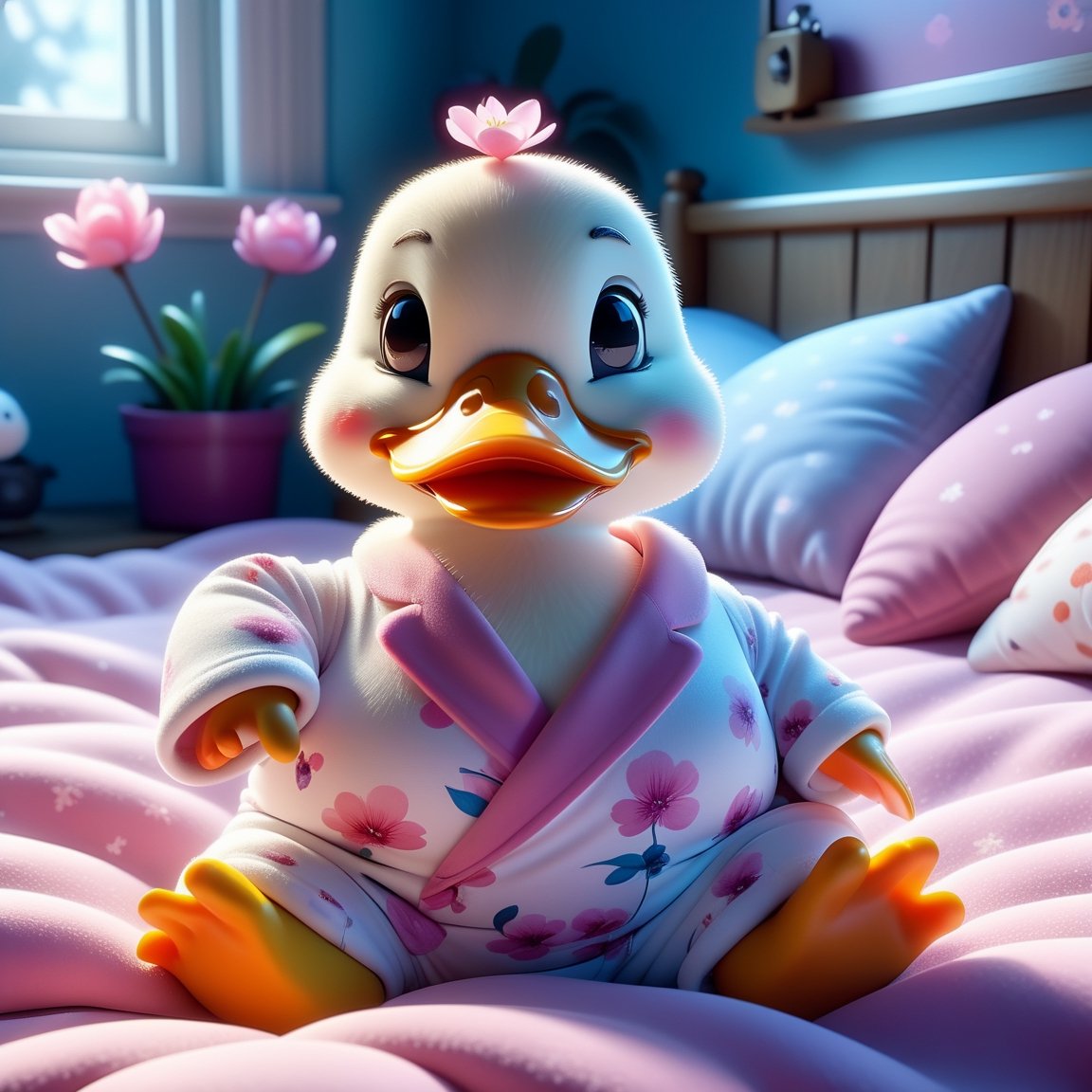 Pixar and Disney animation movie scene style, render style anime style, plum blooming, Cute chubby duck wearing pink and white pyjama, weaking up, lying on bed, Serene, Art Hoe, Detailed Painting, adorable and lovely, sleepy looking,🥱 GoPro view, Blender rendering, Sharp, 