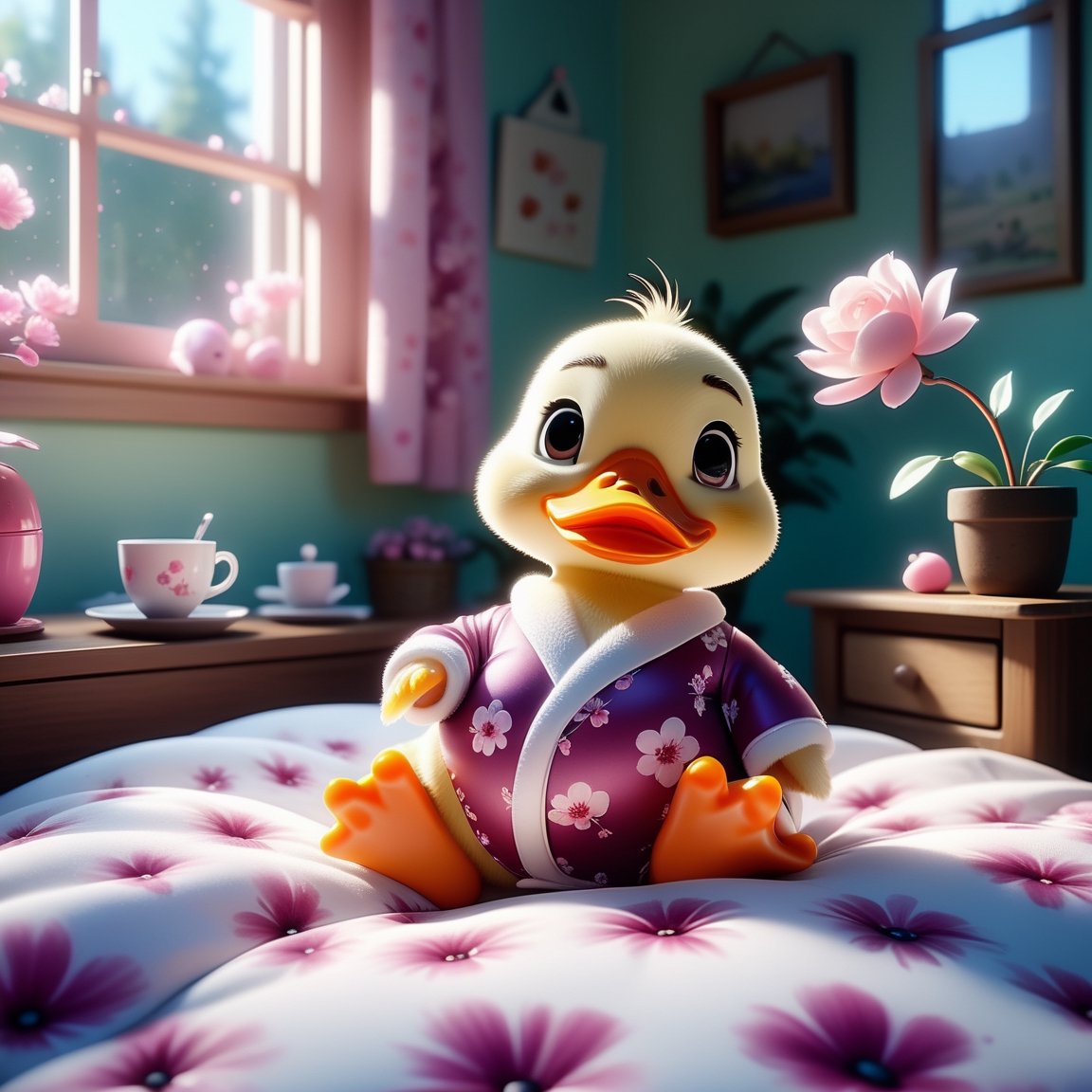 Pixar and Disney animation movie scene style, render style anime style, plum blooming, Cute chubby duck wearing pink and white pyjama, weaking up, lying on bed, Serene, Art Hoe, Detailed Painting, adorable and lovely, sleepy look, GoPro view, Blender rendering, Sharp, 