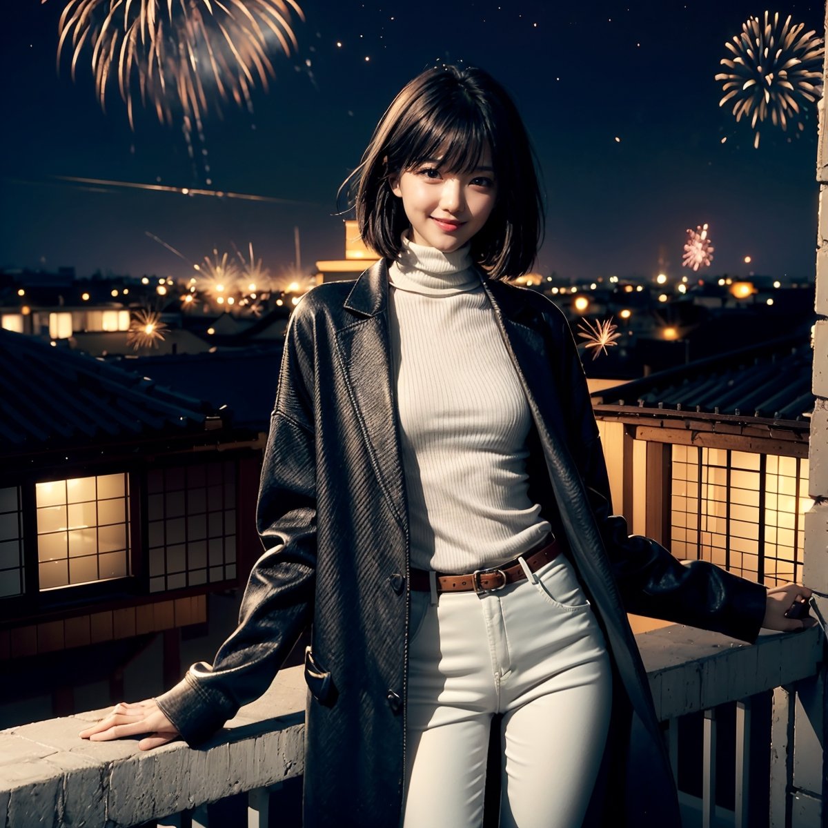 Fractal art that is mesmerizing and visually stunning. Official art, masterpiece. 4K high resolution rendering. One Japanese female, 17 years old, 5 feet tall. Straight, medium bob black hair, bangs, dark brown eyes, short eyelashes. Smiling face. Small breasts, nice legs. Building rooftop, iron fence, night, night view, starry sky, fireworks. Long warm wool coat, white turtleneck sweater, leather pants. Cowboy shot.,1 girl