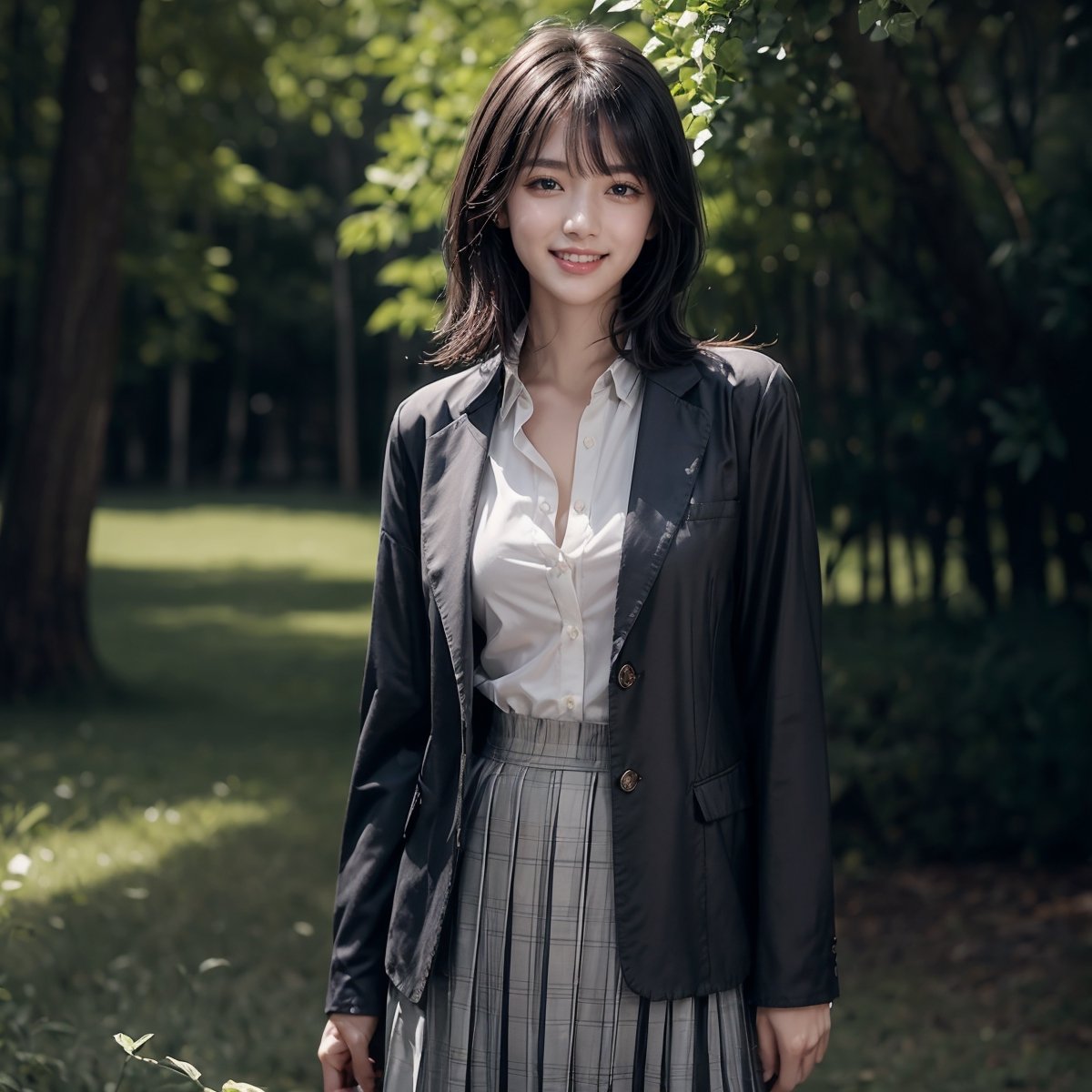 Fractal art that is mesmerizing and visually stunning. Official art, masterpiece. 4K high resolution rendering. One Japanese female, 17 years old, 5 feet tall. Straight, medium bob black hair, bangs, dark brown eyes, short eyelashes. Smiling face. Small breasts, long beautiful legs. Standing posture. Spring meadow, outdoors. Blazer (gray, unbuttoned: 1.4). Knit shirt, checked skirt. Cowboy shot.,long skirt