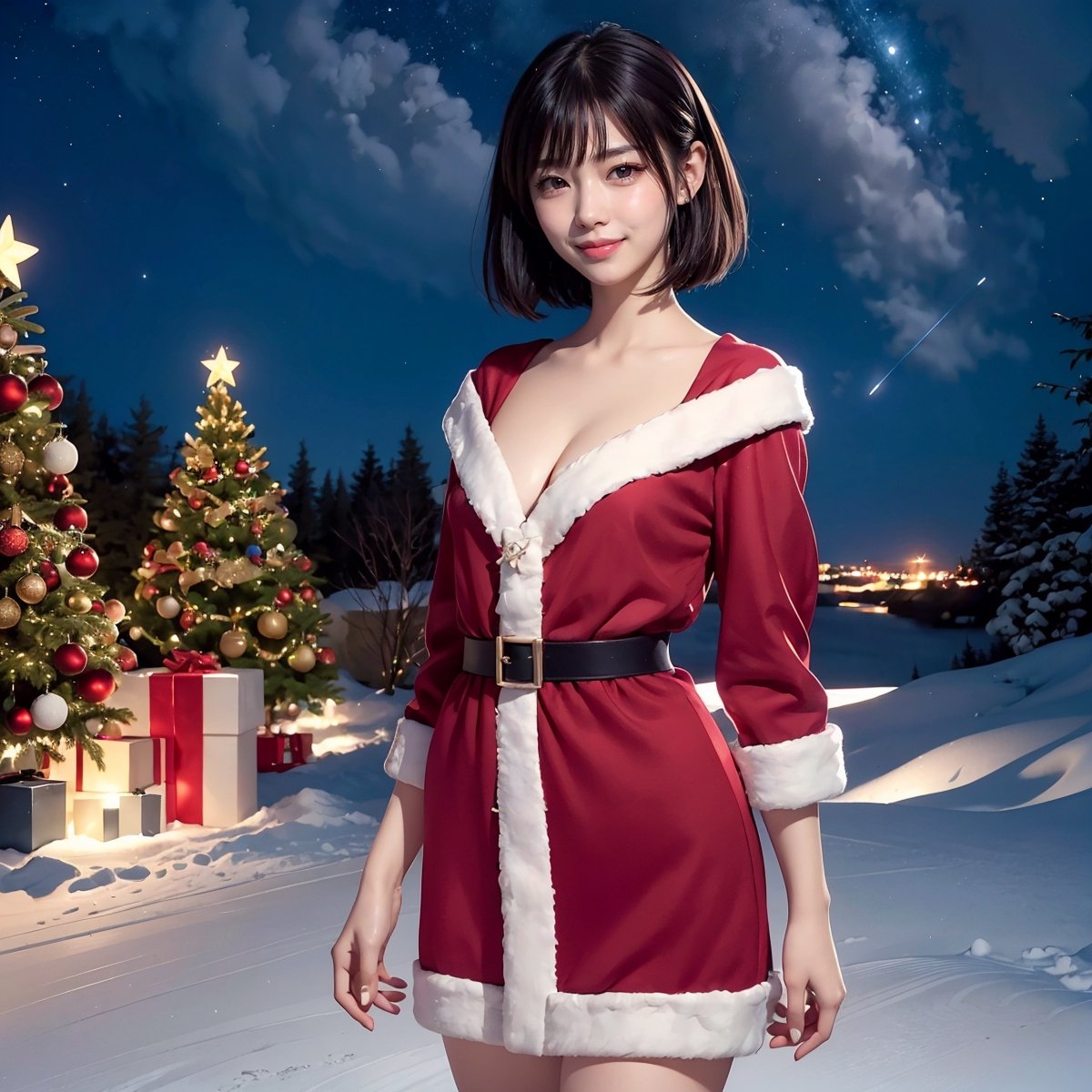 This fantastic fractal art depicts one Japanese woman. The official art gives her a strong aesthetic appeal. 4K high resolution rendering. 19 years old. Black, straight, short hair with bangs. Dark eyes, short eyelashes, small breasts, elongated beautiful legs, supple arms. Standing figure. Full shot. Gentle smile. She is neatly dressed in a Santa costume. She is standing on a hill with a beautiful night view. Night, snow, starry sky, one shooting star, Christmas tree.
1 girl. nanase_nishino,JAPANESE GIRL