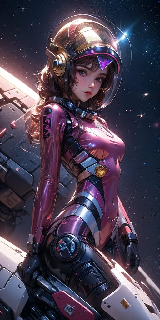 a girl, thunder yellow jacket, tight suit,Space helm of the 1960s,and the anime series G Force of the 1980s,Darf Punk wlop glossy skin, ultrarealistic sweet girl, space helm 60s, holographic, holographic texture, the style of wlop, space, 