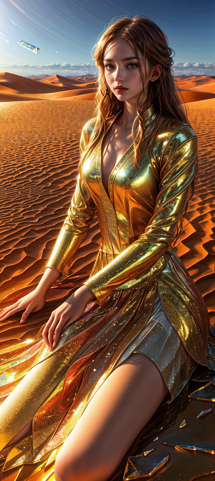 A serene young woman's figure lies amidst a vast mosaic landscape, shards of broken glass scattered across the vibrant tiles, refracted sunlight casting a kaleidoscope of colors upon her pale skin. She reclines against an endless sea of golden sand dunes stretching towards the horizon where the sky meets the desert's edge, her tranquil form set against the warm, sun-kissed terrain 