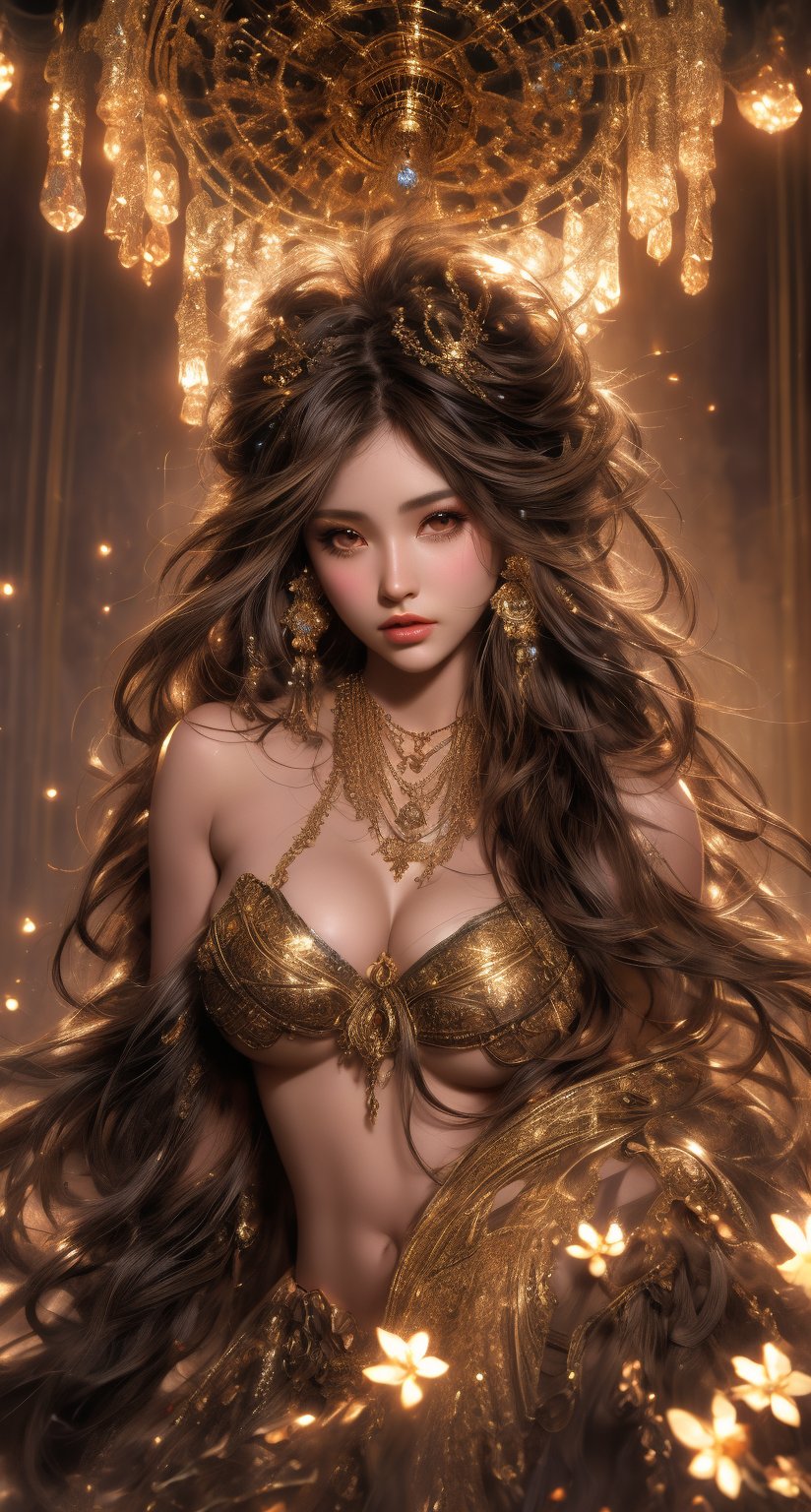 Hyper-realistic digital painting of a beautiful girl, full body, shiny dark brown eyes, messy mid-length hair with golden highlights, beautiful gypsy necklace with intricate details, in a surreal and fantasy setting, combining the artistic styles of Jose Royo, Boris Vallejo, Julie Bell, Carne Griffiths, Benedick Bana, Brian Froud and Eric Wallis, precise anatomy, global light, chiaroscuro, ray tracing