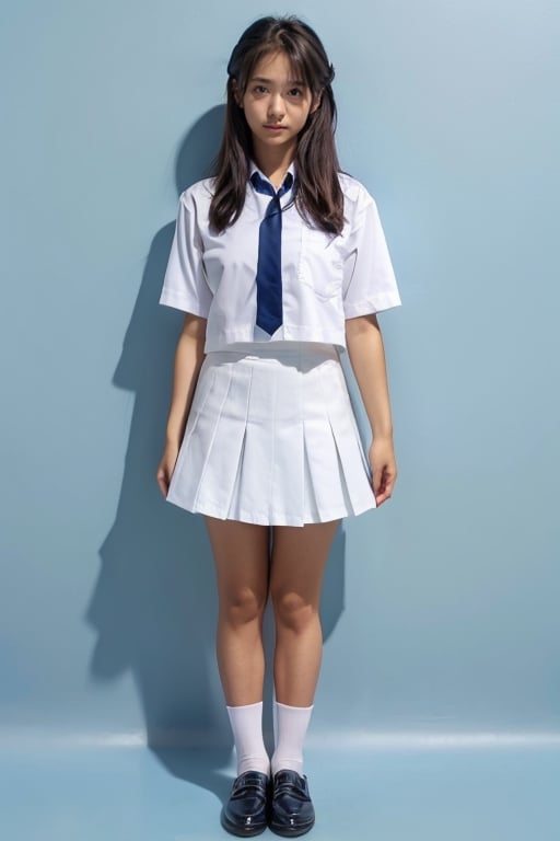 girl, 18yo,japanese,
without makeup,
 (blue background:1.2), portrait,school uniform, white collor,short sleeve shirts,navy nit tie,navy skirt,school uniform,jp_school_uniform,Hair