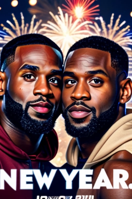 (+18) ,  professional candid photo, masterpiece, highly detailed, hyper realistic, Lebron James and Dwyane Wade celebrating new year fire works The Star death , (text "2024") , (((text "New Year"))) ,
Beautiful eyes, perfect eyes , matte photography, 
,,Realism,Young beauty spirit ,Portrait,Text