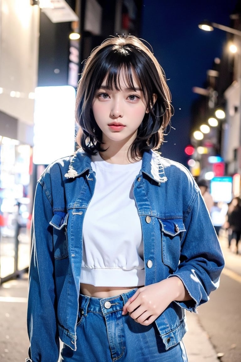 1girl, white_hair:blue_hair:0.5, perfect body, skinny waist, sadness | unbutton jeans jacket, undress | street in background, realistic, (bokeh effect:1.3),frey4