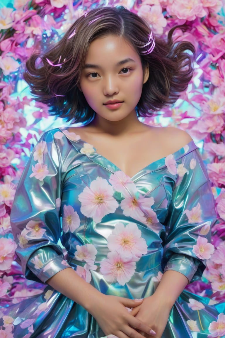 In a stunning portrait, September Ai, a HONG KONG Girl with brown skin and short messy hair, lies from the front point pose, exuding high fashion elegance. Against a flowing neon-holographic floral background, iridescent vaporwave effects dance around her. The overall composition is fluid, with delicate flowers swirling behind her. A realistic illustration of this beauty, featuring long blonde hair, is reminiscent of Flat vector art. score_9, score_8_up, score_7_up, score_6_up,School_girl,gh3a,ZeeJKT48,tiar4,lun4,ch3ls3a