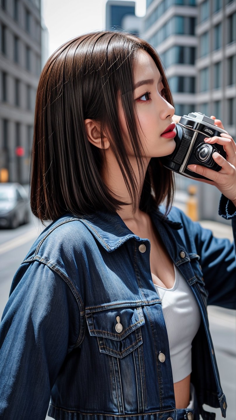 (masterpiece, best quality, photorealistic, trending on artstation:1.2), (skilled female photographer:1.3) with (short, stylishly messy brown hair:1.1) and (vintage camera slung over shoulder:1.2), wearing a (fashionable denim jacket:1.2) with (urban-inspired patches:1.1), holding a (professional DSLR camera:1.4) with (intricate lens details:1.2), creative atmosphere, observant emotion, urban tone, medium intensity, inspired by street photography and urban landscapes, gritty aesthetic, monochromatic color palette with (rich gray accents:1.1), introspective mood, soft natural lighting, side view, looking out at the cityscape through the camera lens, surrounded by (urban skyscrapers:1.2) and (city streets:1.1), focal point on the photographer's face, highly realistic fabric texture, atmospheric mist effect, high image complexity, detailed environment, subtle movement of the photographer's hands, contemplative energy.,s4str0,frey4,ghiselakell,chines,angelkaramoy, ,kameaam
