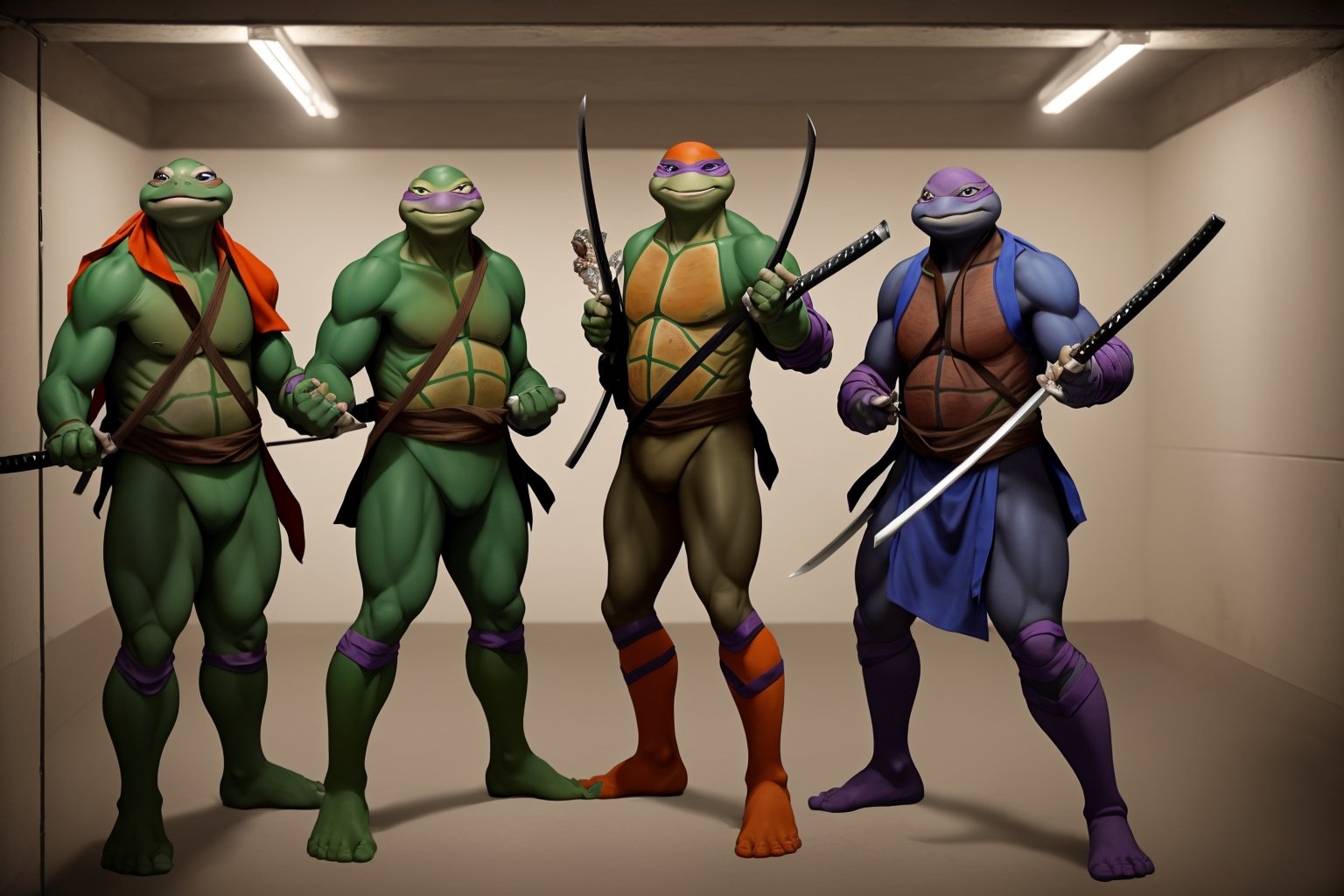 In the NYC sewer, decorated for Christmas, 

a funny Christmas family photo of the (four) ((Teenage Mutant Ninja Turtles) (TMNT),green turtles,

<Leonardo wields two katana and wears a blue bandana> 
<Raphael wears a red bandana and uses a pair of sai>
<Donatello wears a purple bandana and uses a bō staff> 
<Michelangelo wears an orange bandana and uses nunchucks>

