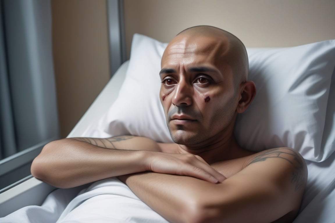 martin a handsome mexican man (40 years old), black eyes, ((looking through the window)),

lying in a hospital bed devastated with terminal cancer hairless from chemotherapy with a gesture very sad crying deeply

,realistic portrait