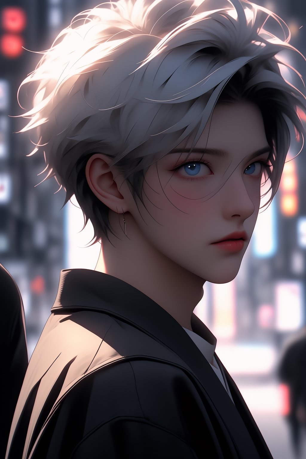 ((Close-up view )),1boy, handsome boy, short hair, sharp hair, white hair, Upper body portrait, anime coloring, cinematic light, Neon Theme, tokyo background, Best quality, masterpiece, Add more details, HD,8K,midjourney, semirealistic, SHIRT,Niji,