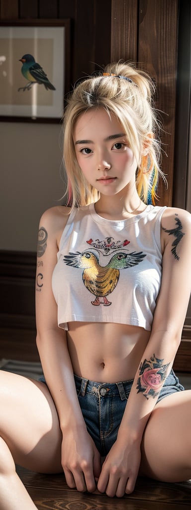 Generates a high quality image, masterpiece, extreme details, ultra definition, extreme realism, high quality lighting, 16k UHD, young girl, straight blonde hair up, beautiful eyes, modern makeup, mini t-shirt that shows her navel, mini worn shorts, ((multiple detailed and colorful tattoos of birds on arms, stomach and legs)), sitting on the remains of a collapsed wall, ancient town
