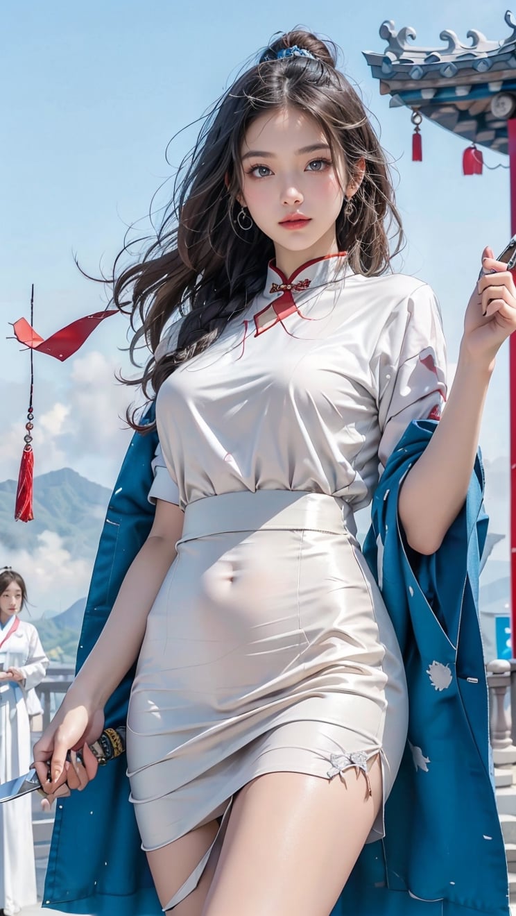 A young Korean girl wears a white tulle skirt and long wavy yellow hair, posing in an exquisite and sexy pose in the sky, holding a cyan demon knife in both hands.  Behind her are 6 Chinese female ghosts wearing white gauze and fanged faces. With Mount Emei as the background, the sky is shattering and the clouds and mist are surrounding the Korean girl. Her face is facing the camera, smiling happily, capturing the essence of Chinese martial arts and her real fair skin. A big white eagle flies in the sky.  Creative use: high resolution 32K, realistic artistic textures, dynamic motion blur,Young beauty spirit ,Best face ever in the world,milf,JeeSoo ,1 girl