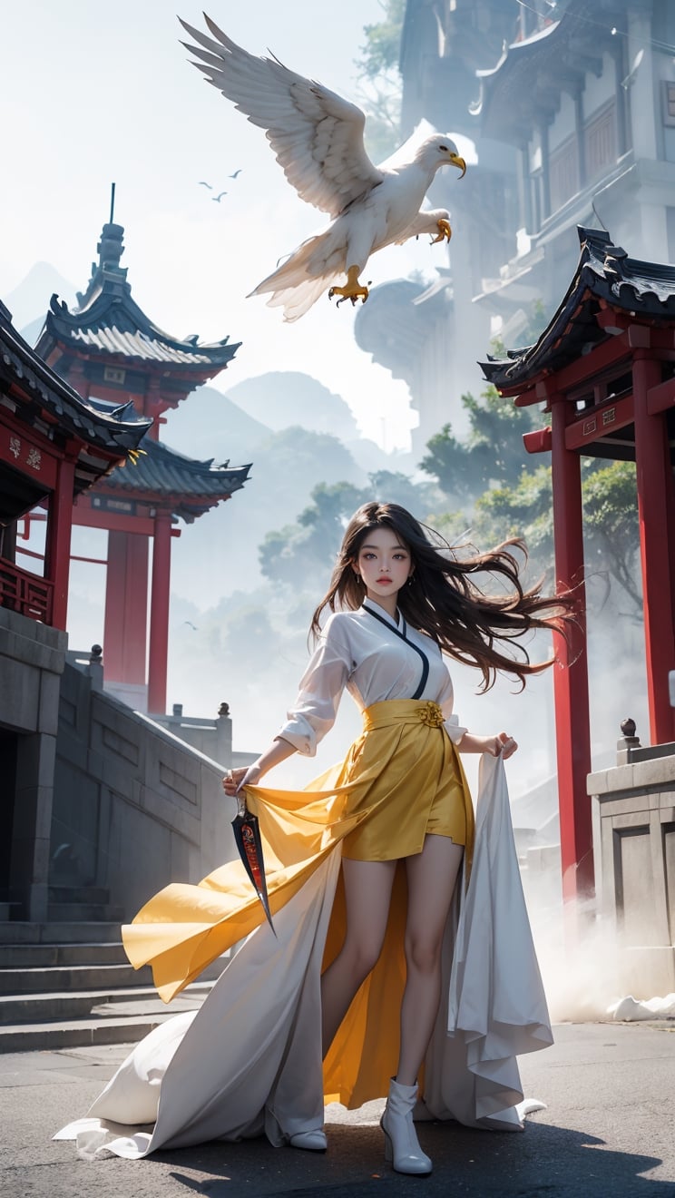 A young Korean girl wears a white tulle skirt and long wavy yellow hair, posing in an exquisite and sexy pose in the sky, holding a cyan demon knife in both hands.  Behind her are 6 Chinese female ghosts wearing white gauze and fanged faces. With Mount Emei as the background, the sky is shattering and the clouds and mist are surrounding the Korean girl. Her face is facing the camera, smiling happily, capturing the essence of Chinese martial arts and her real fair skin. A big white eagle flies in the sky.  Creative use: high resolution 32K, realistic artistic textures, dynamic motion blur