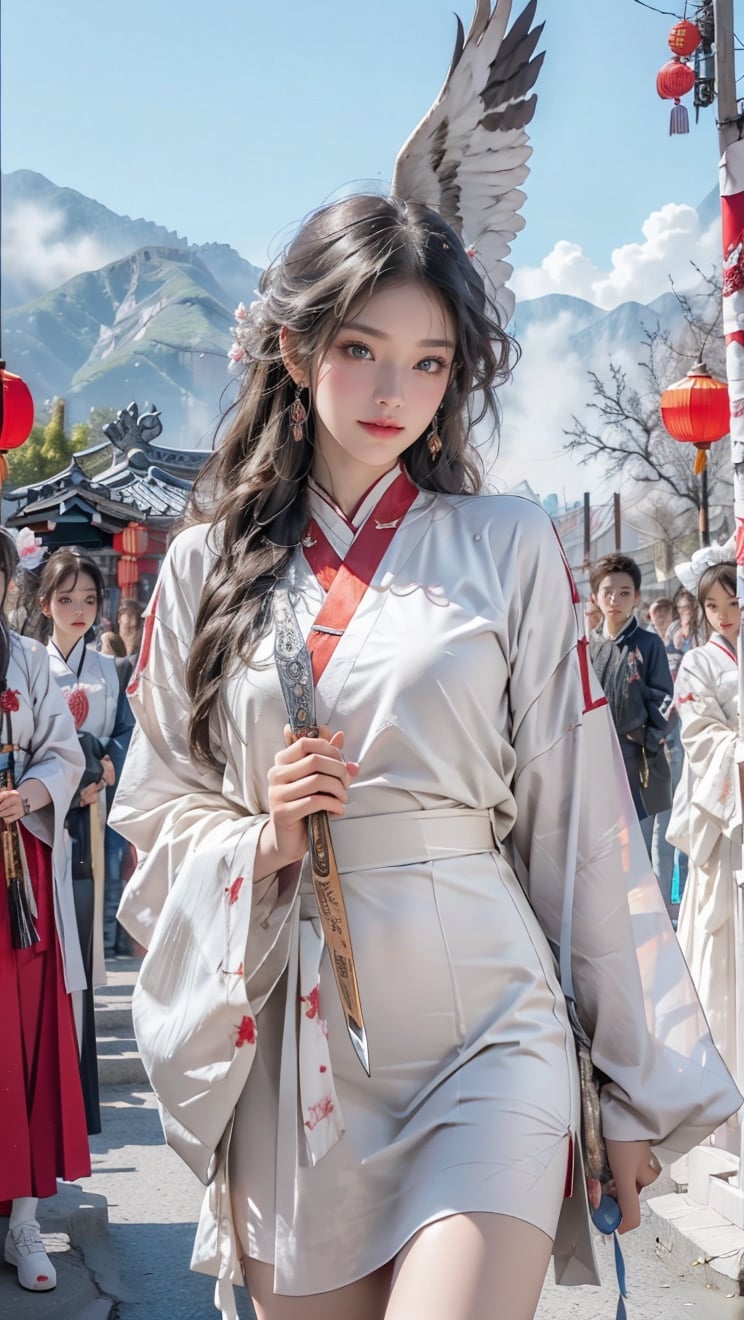 A young Korean girl wears a white tulle skirt and long wavy yellow hair, posing in an exquisite and sexy pose in the sky, holding a cyan demon knife in both hands.  Behind her are 6 Chinese female ghosts wearing white gauze and fanged faces. With Mount Emei as the background, the sky is shattering and the clouds and mist are surrounding the Korean girl. Her face is facing the camera, smiling happily, capturing the essence of Chinese martial arts and her real fair skin. A big white eagle flies in the sky.  Creative use: high resolution 32K, realistic artistic textures, dynamic motion blur,Young beauty spirit ,Best face ever in the world,milf,JeeSoo ,1 girl,beautyniji